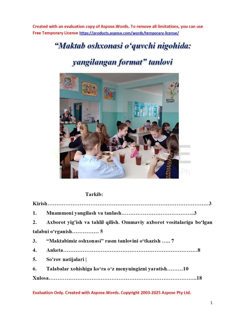 "Maktab oshxonasi o‘quvchi nigohida yangilangan format" tanlovi 1