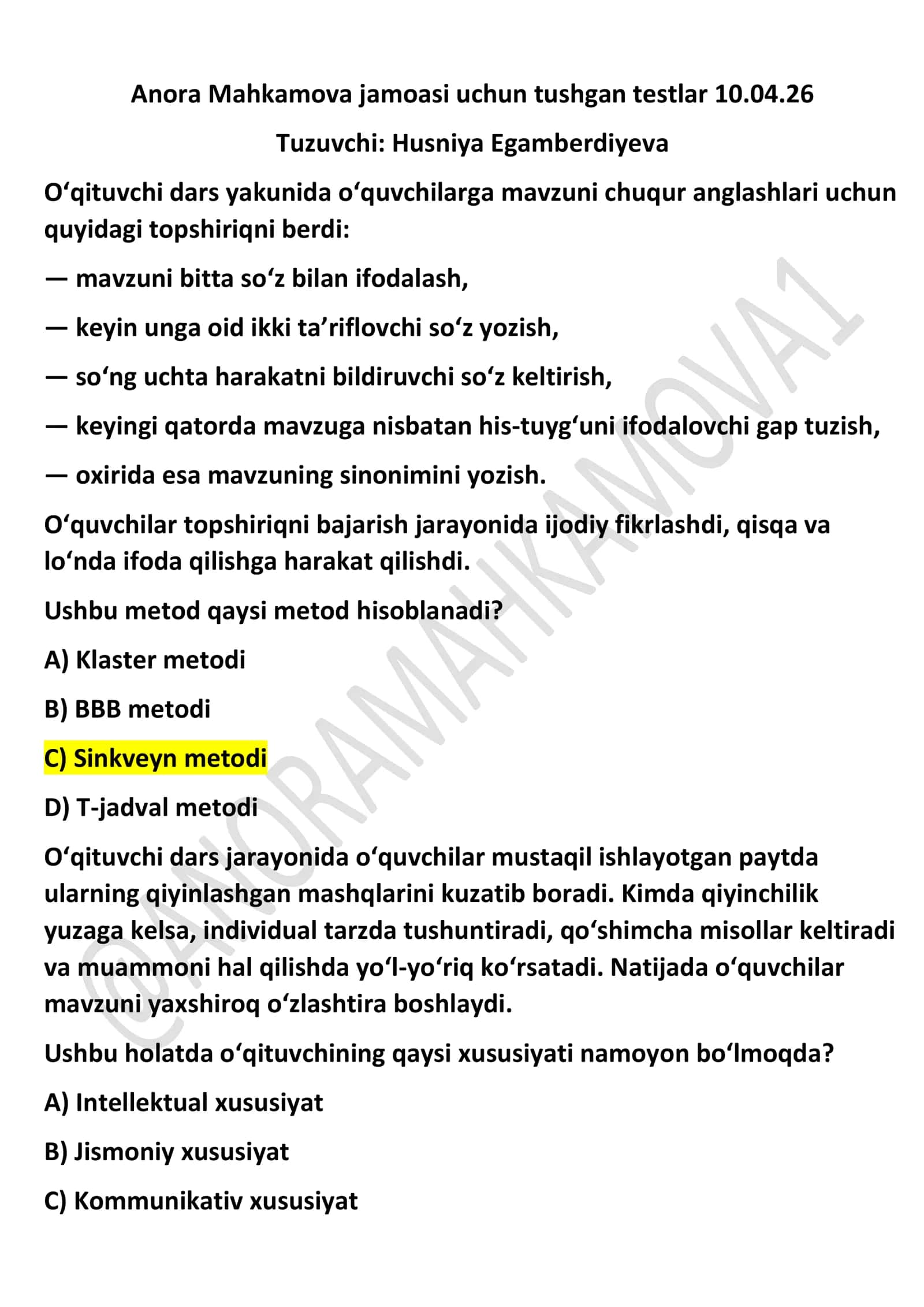 Anora Mahkamova jamoasi uchun tushgan testlar 10.04.26 1