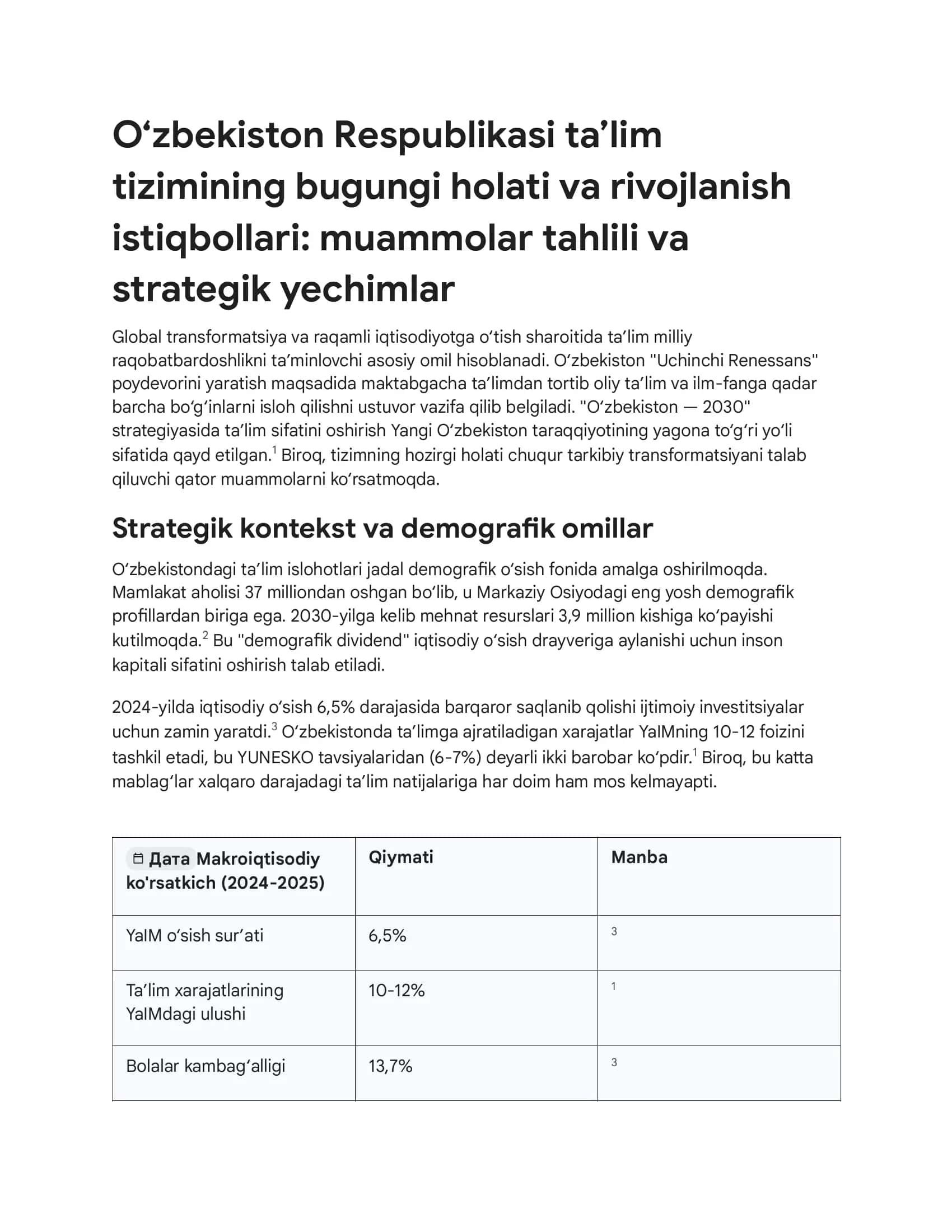 O‘zbekiston Respublikasi ta’lim tizimining bugungi holati va rivojlanish istiqbollari: muammolar tahlili va strategik yechimlar 1