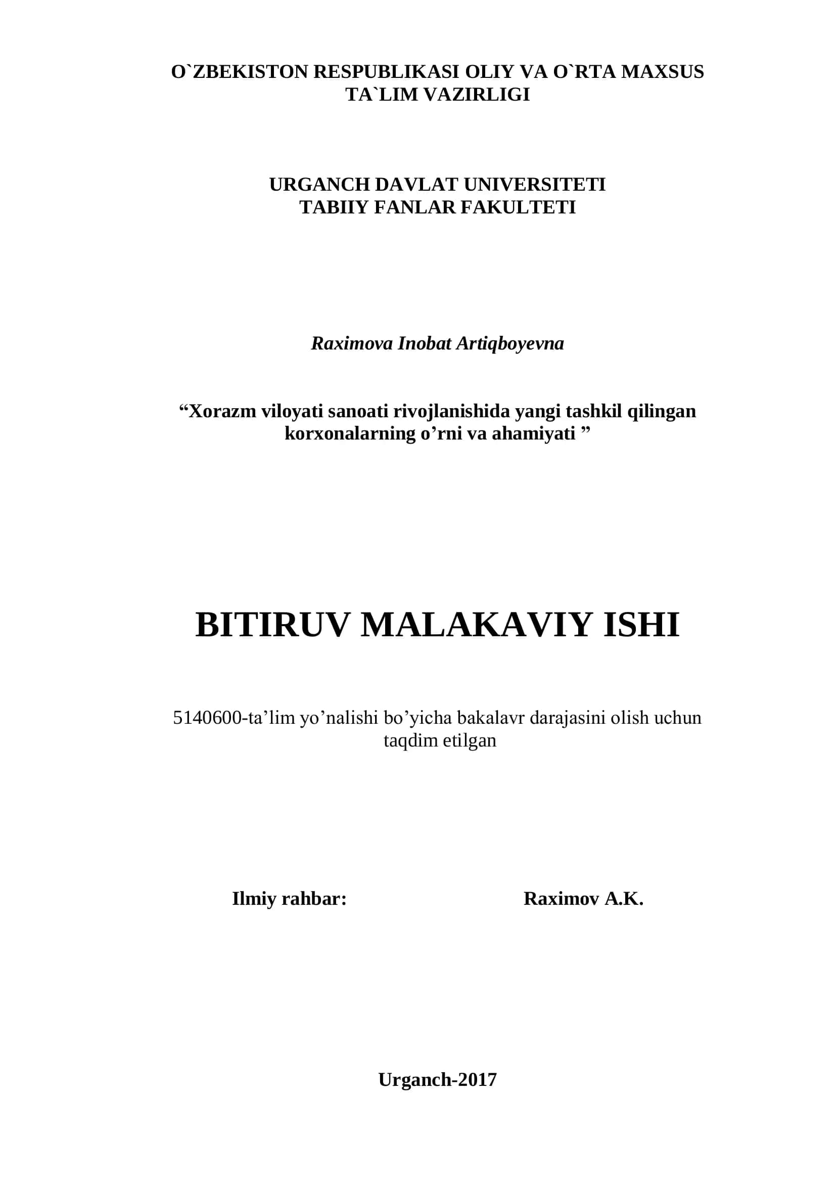 XORAZM VILOYATI SANOATI RIVOJLANISHIDA YANGI TASHKIL QILINGAN KORXONALARNING O'RNI VA AHAMIYATI 1