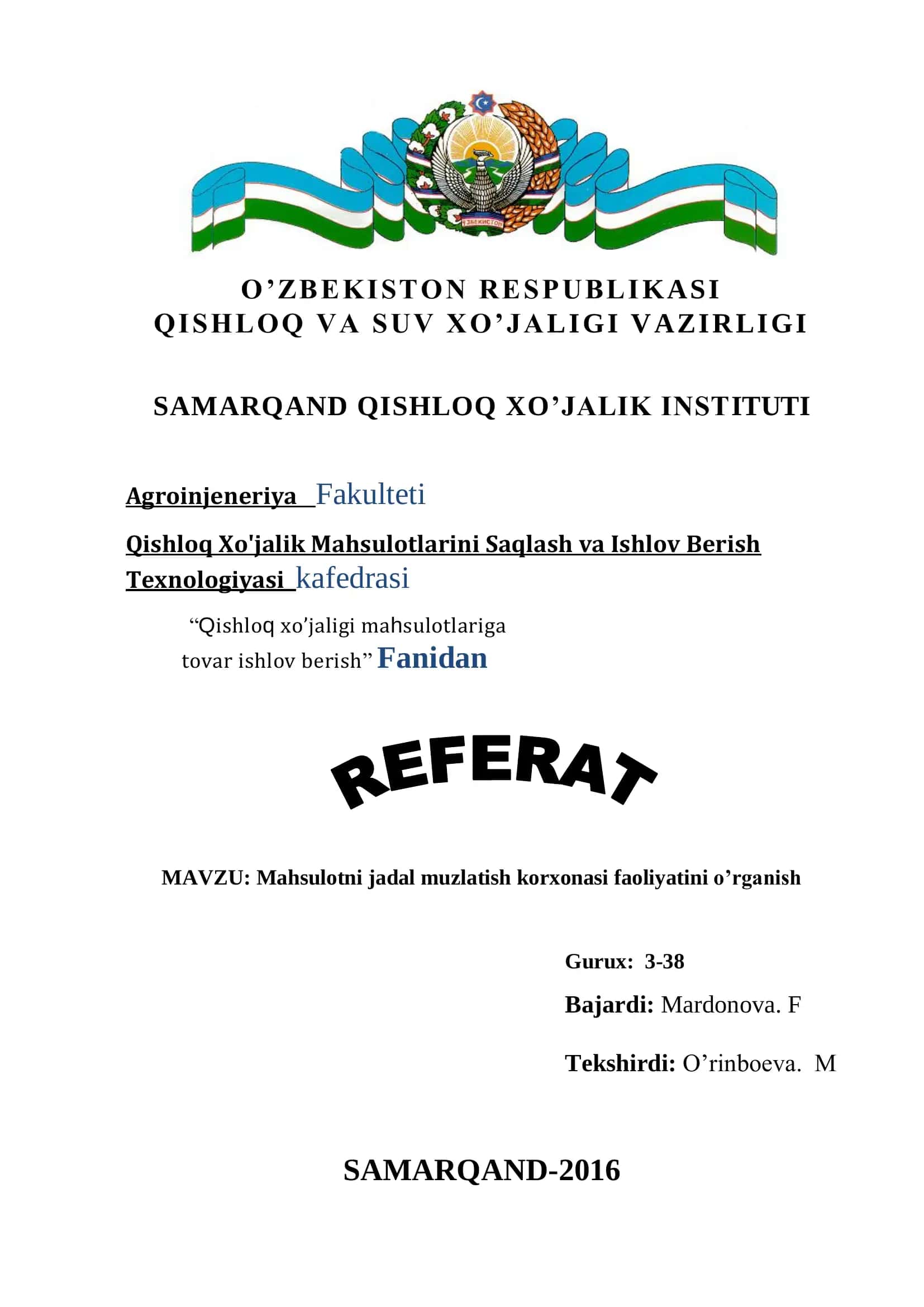 Mahsulotni jadal muzlatish korxonasi faoliyatini o’rganish 1