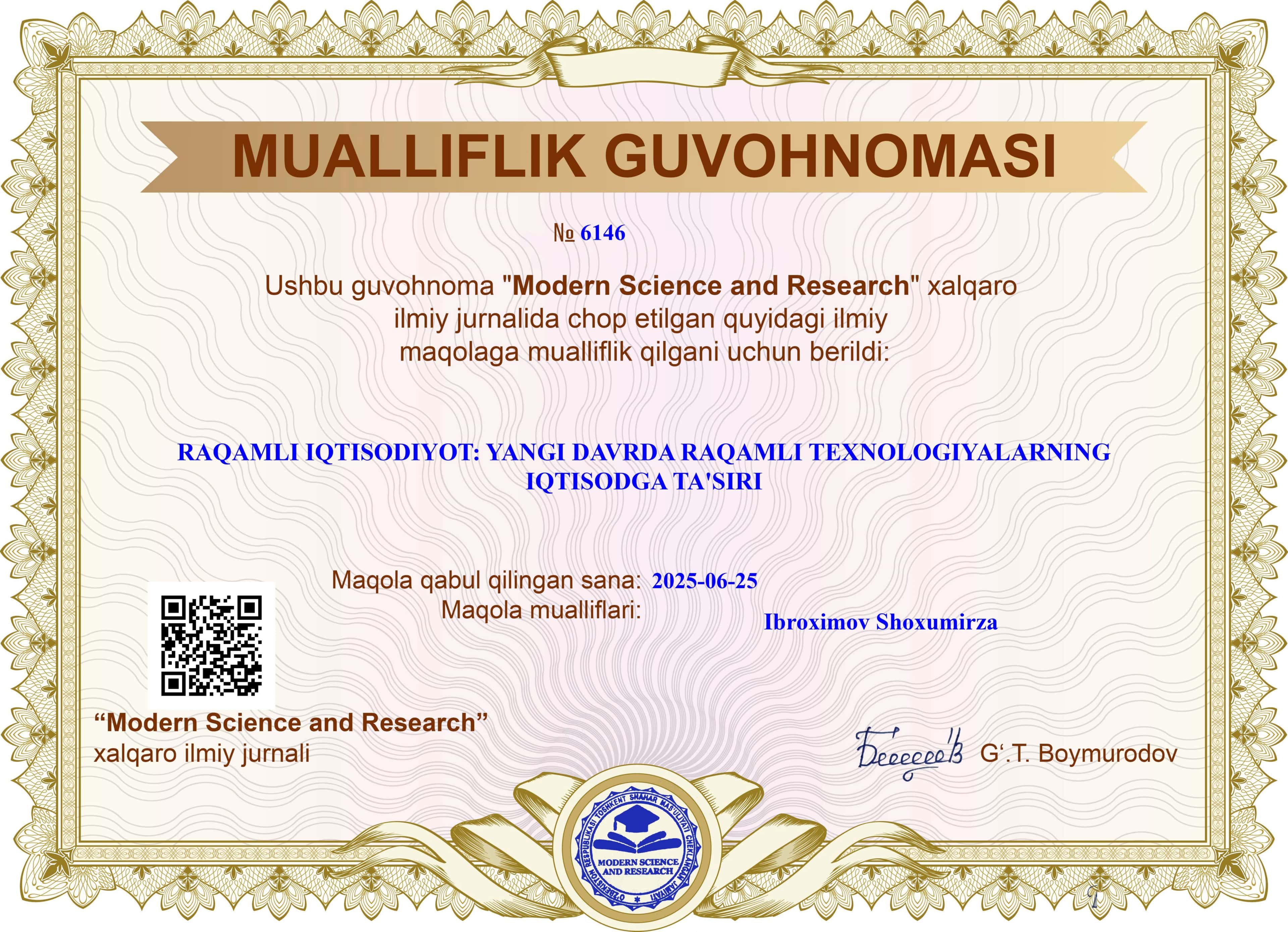 MUALLIFLIK GUVOHNOMASI 1