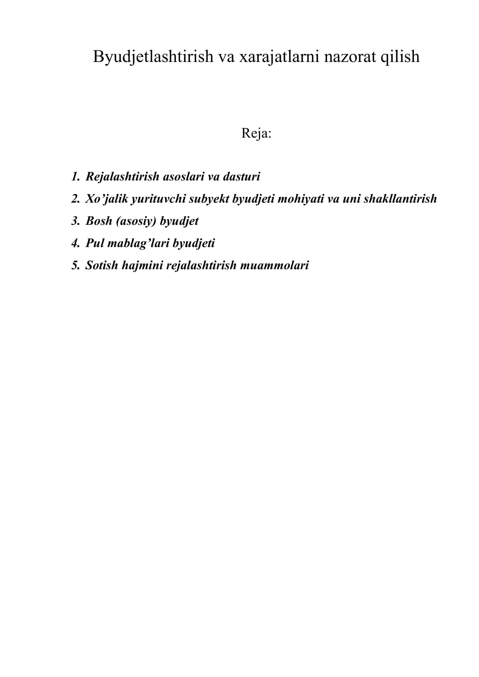 Byudjetlashtirish va xarajatlarni nazorat qilish 1