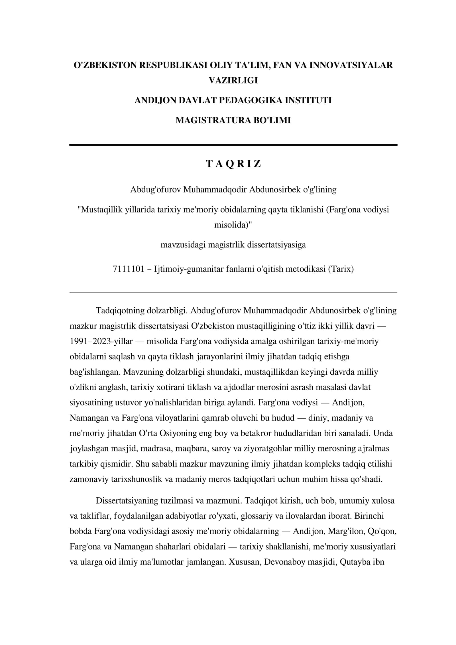 Mustaqillik yillarida tarixiy me'moriy obidalarning qayta tiklanishi (Farg'ona vodiysi misolida) 1