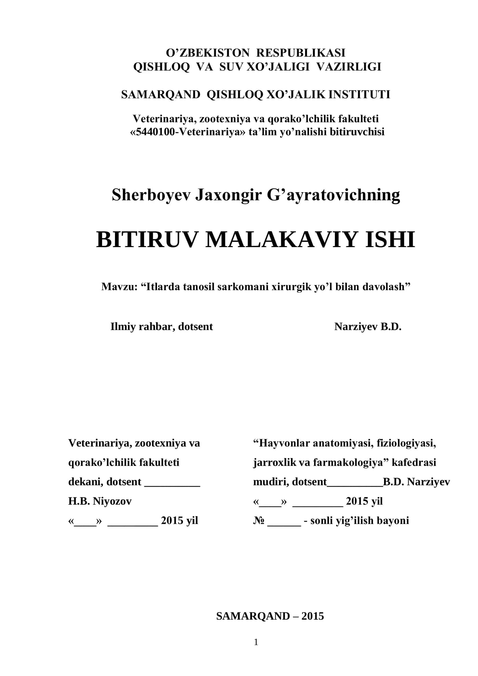 "Itlarda tanosil sarkomani xirurgik yo’l bilan davolash" 1