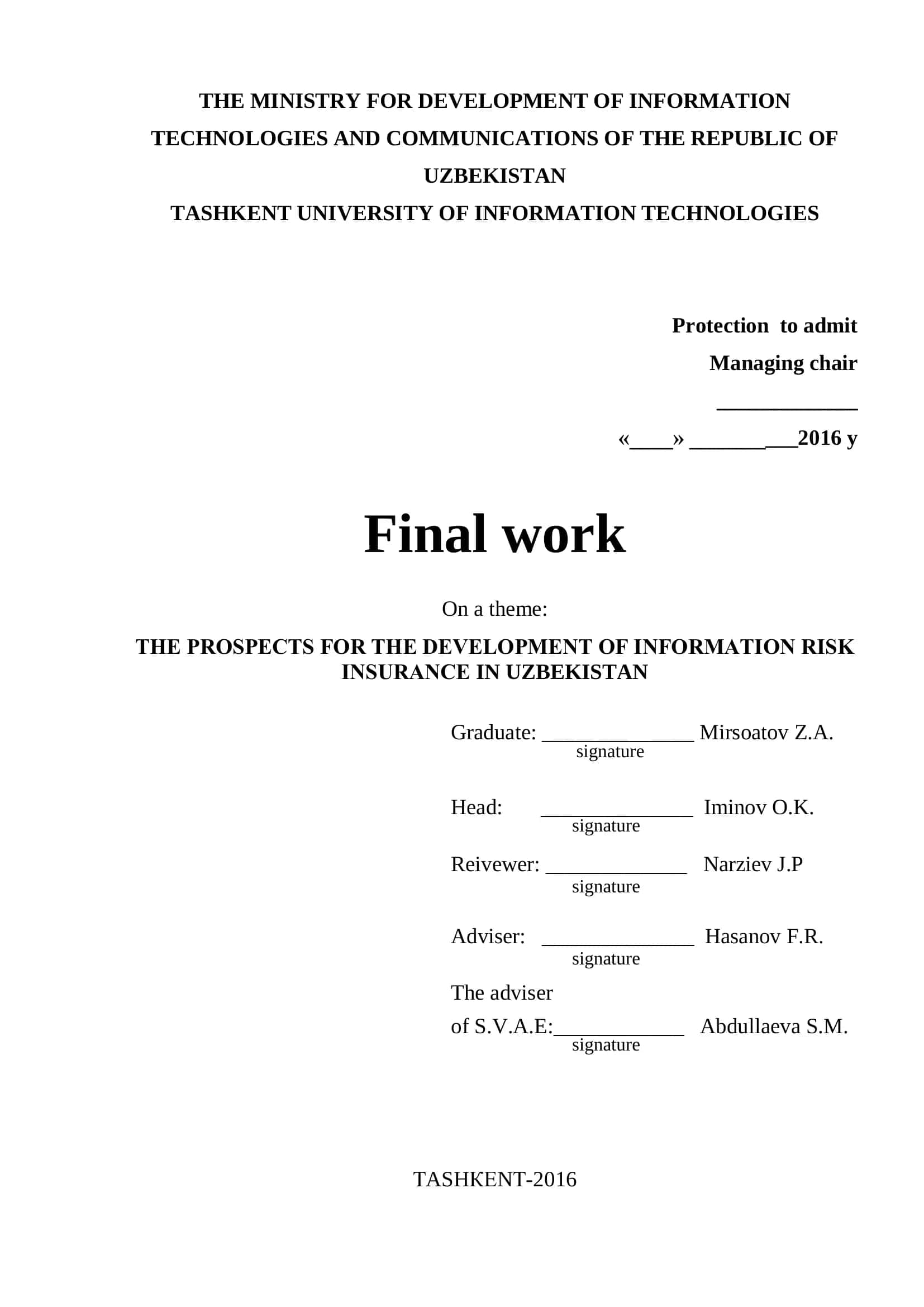 Prospects for the Development of Information Risk Insurance in Uzbekistan 1