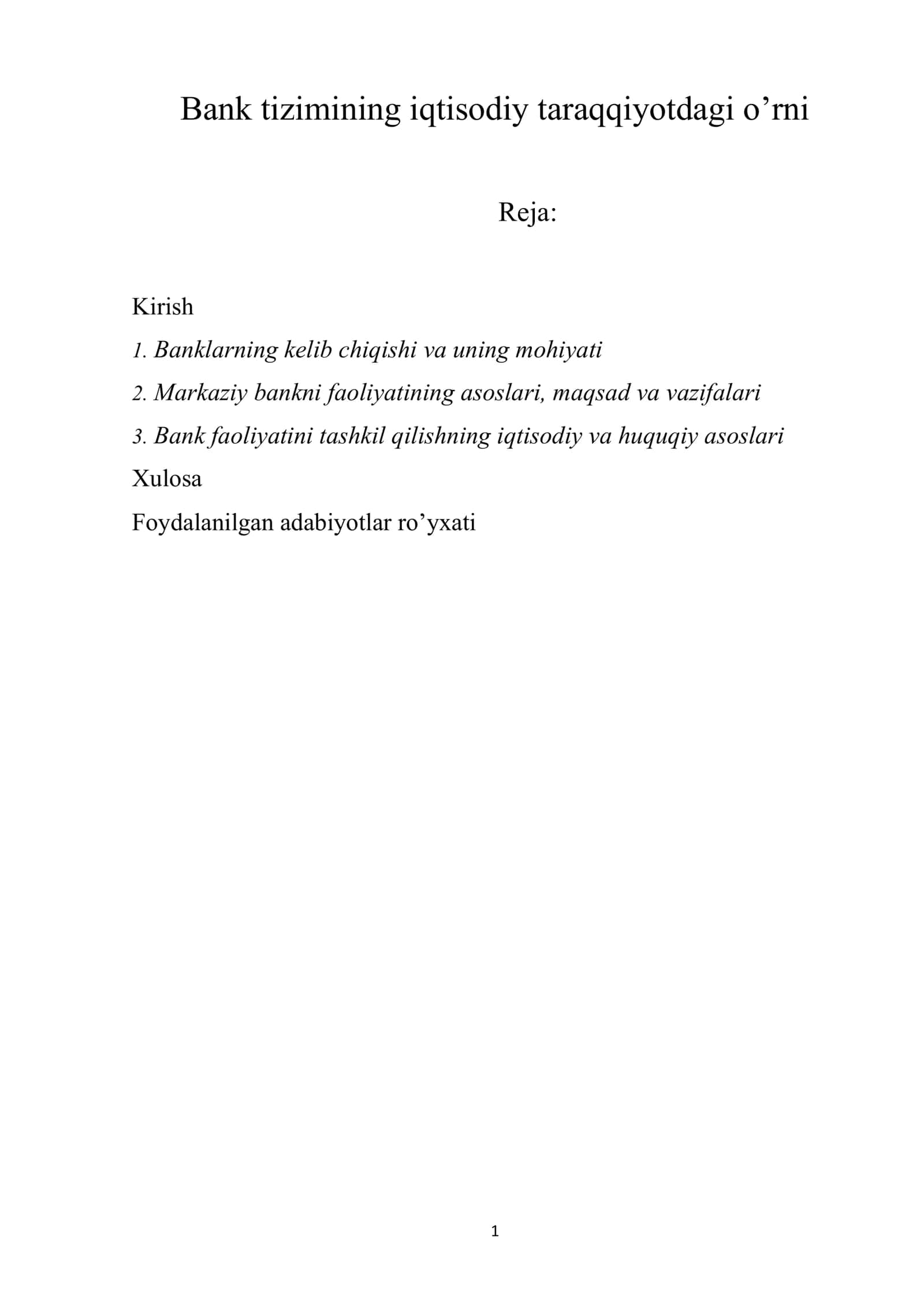 Bank tizimining iqtisodiy taraqqiyotdagi o’rni 1