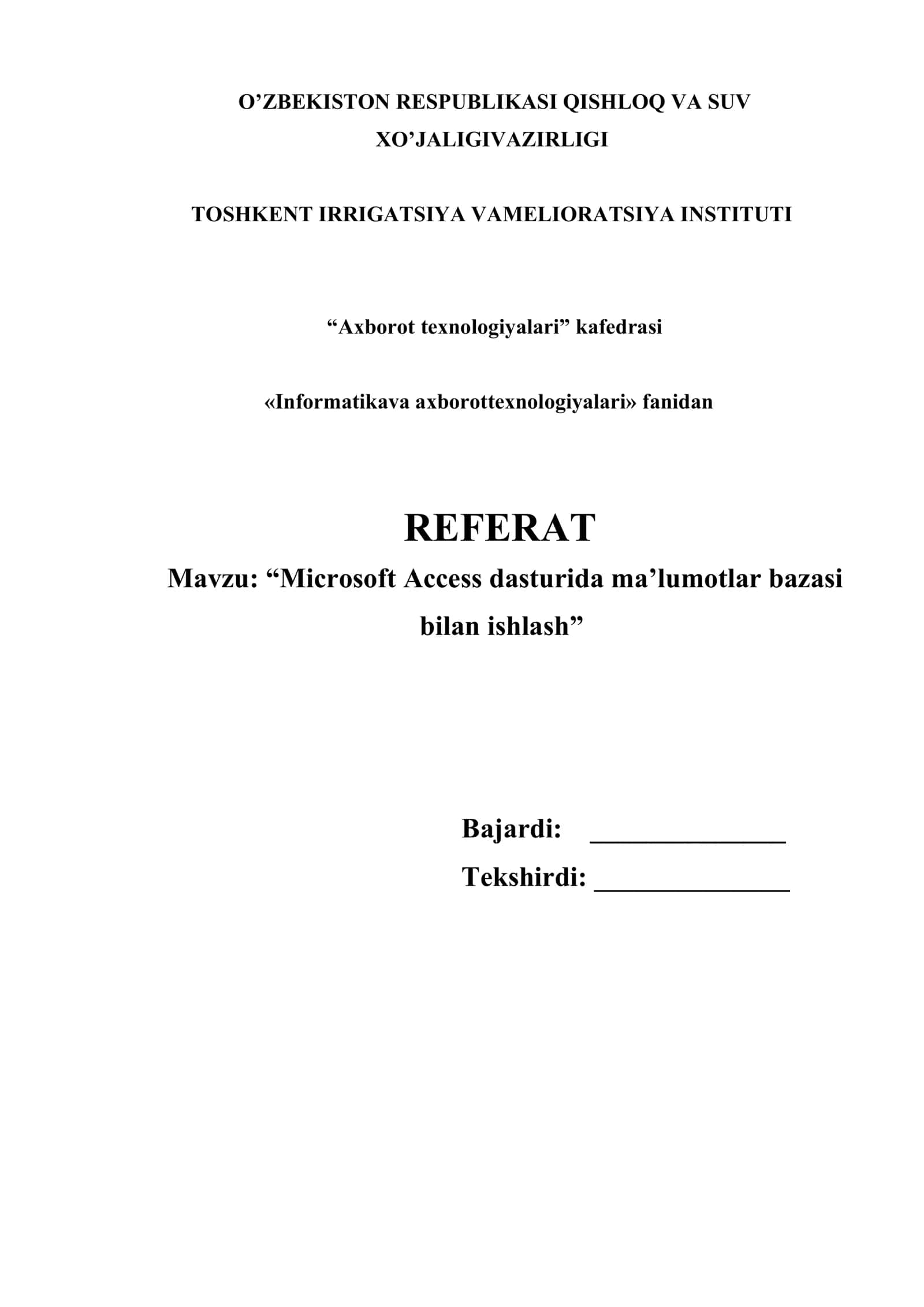 ʼʼMicrasoft Access dasturida maʼlumotlar bazasi bilan ishlashʼʼ 1