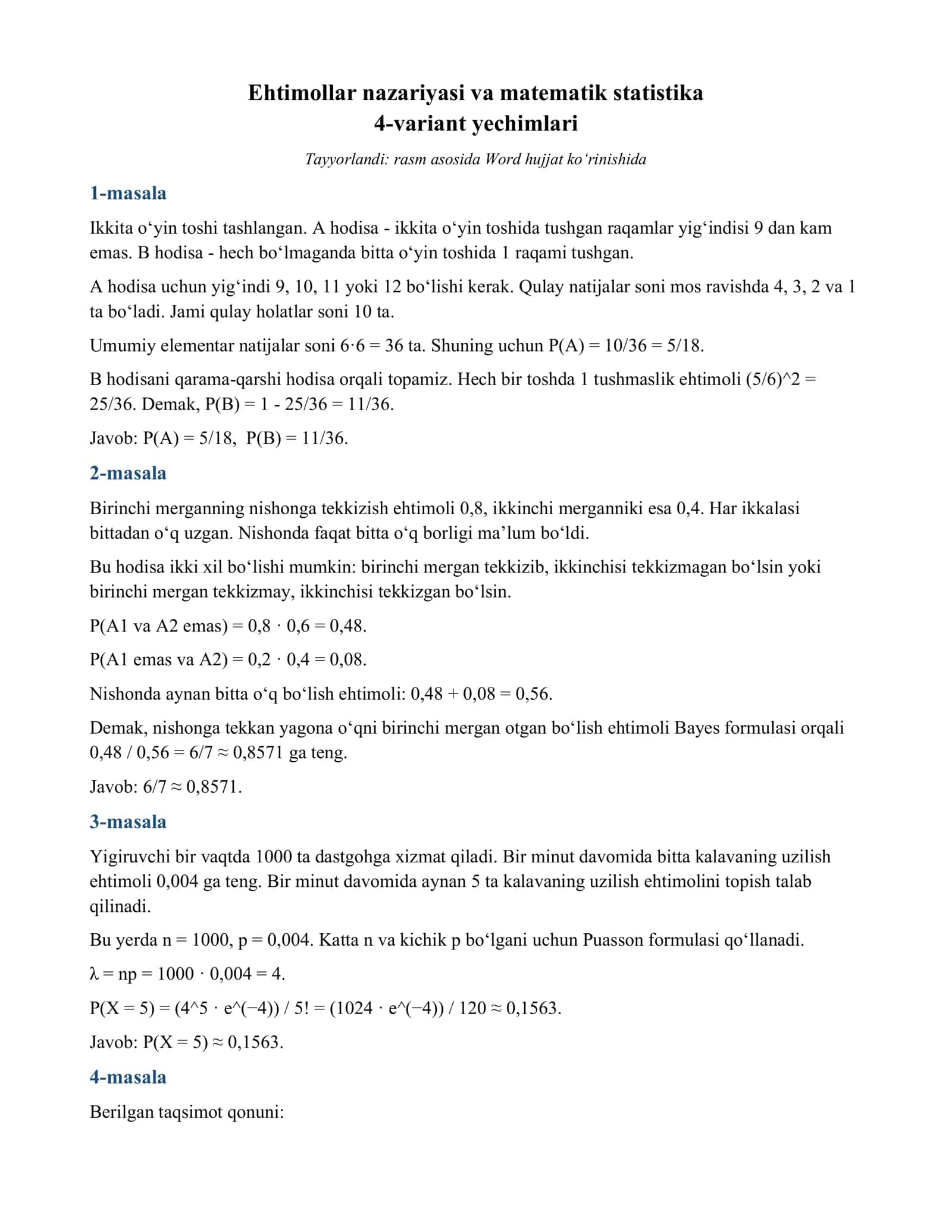 Ehtimollar nazariyasi va matematik statistika 1