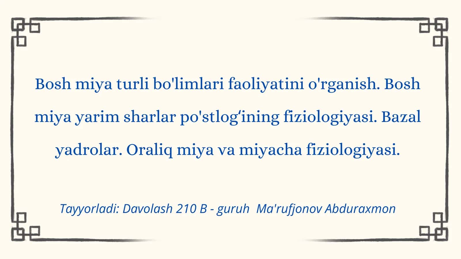 Bosh miya turli bo'limlari faoliyatini o'rganish. Boshmiya yarim sharlar po'stlogʻining fiziologiyas 1