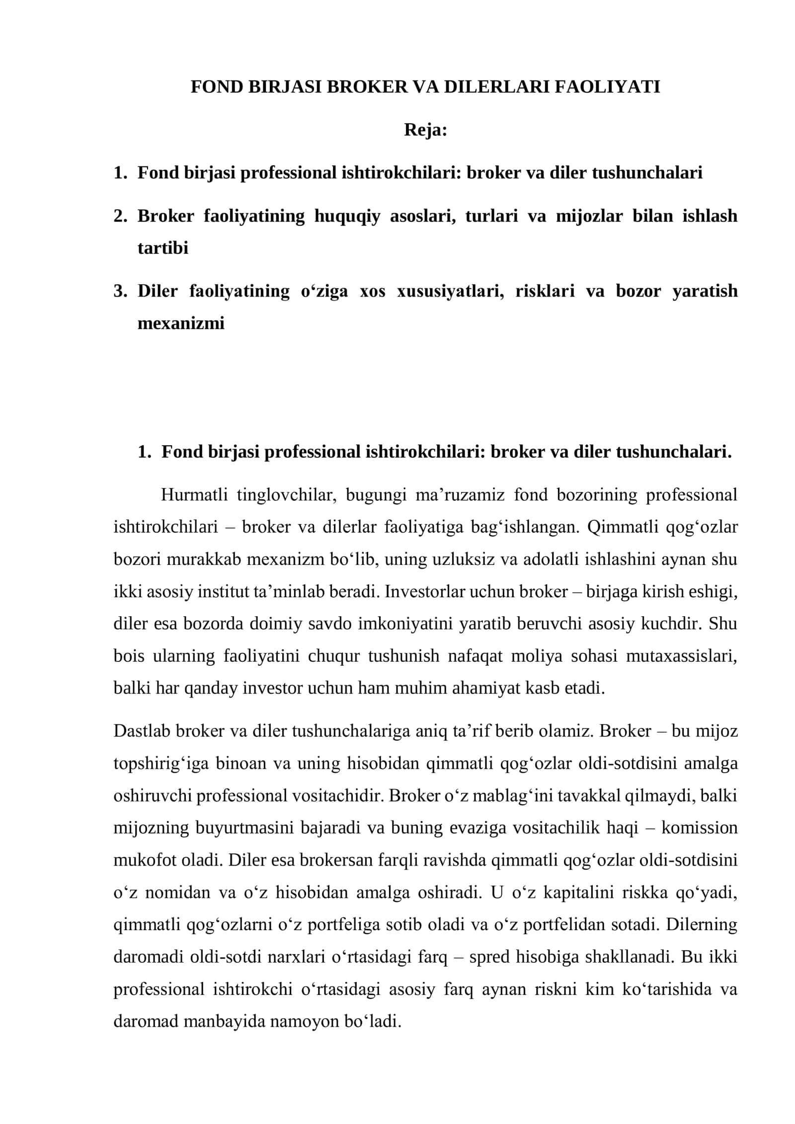 FOND BIRJASI BROKER VA DILERLARI FAOLIYATI 1