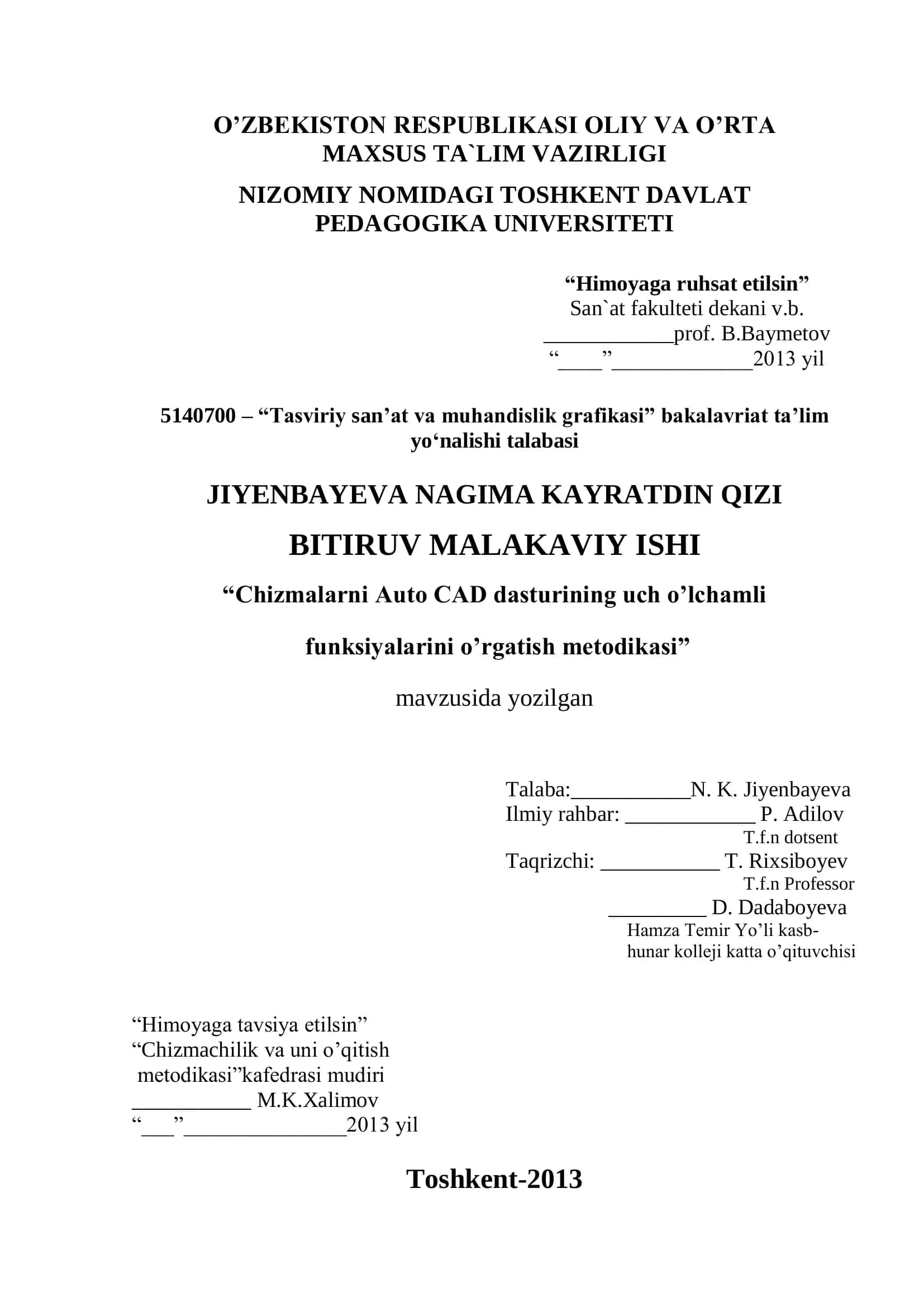 Chizmalarni Auto CAD dasturining uch o’lchamli funksiyalarini o’rgatish metodikasi 1
