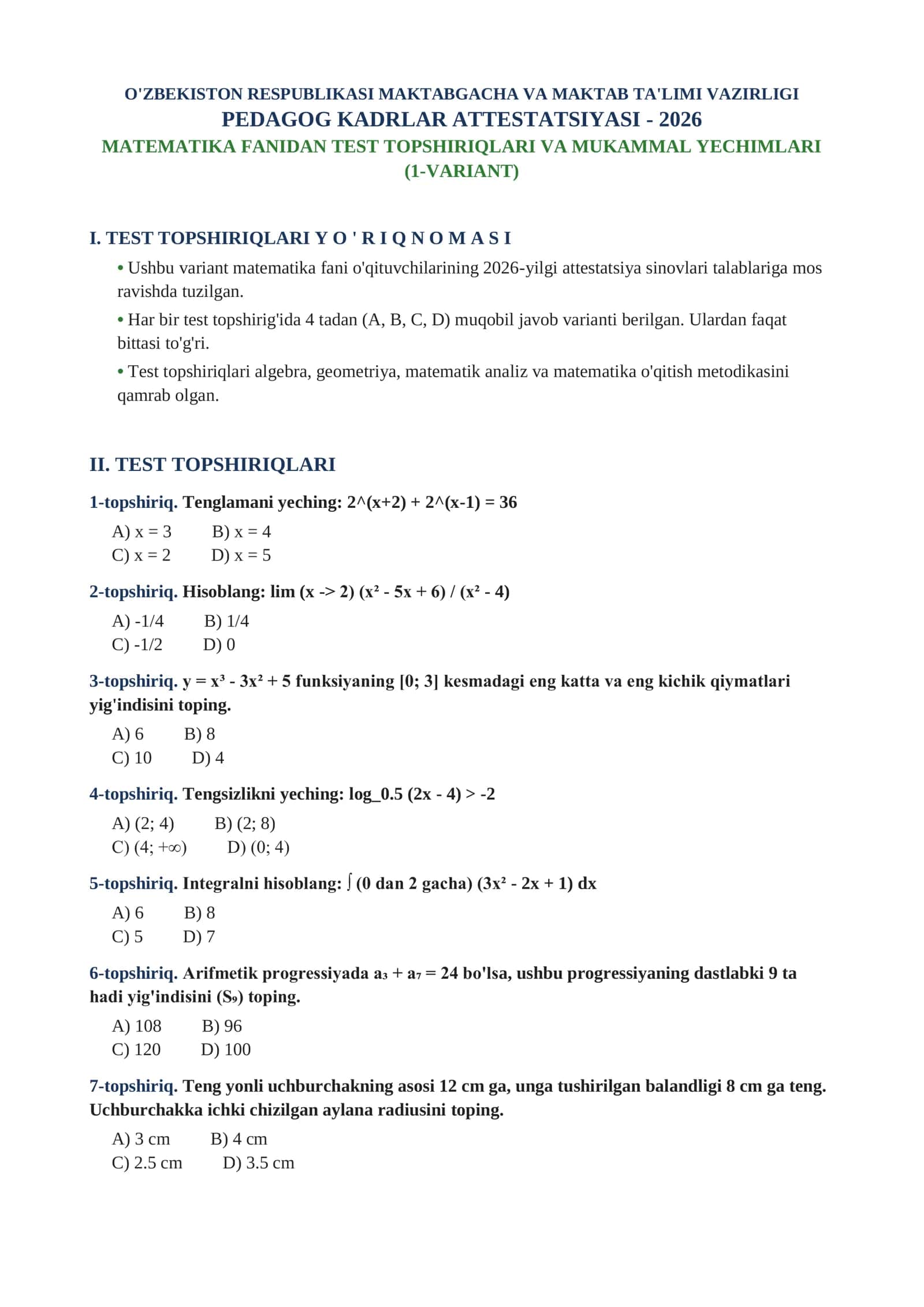 Matematika fanidan Toifa Attestatsiya testlari 2026-yilgi (Javoblari bilan) 1