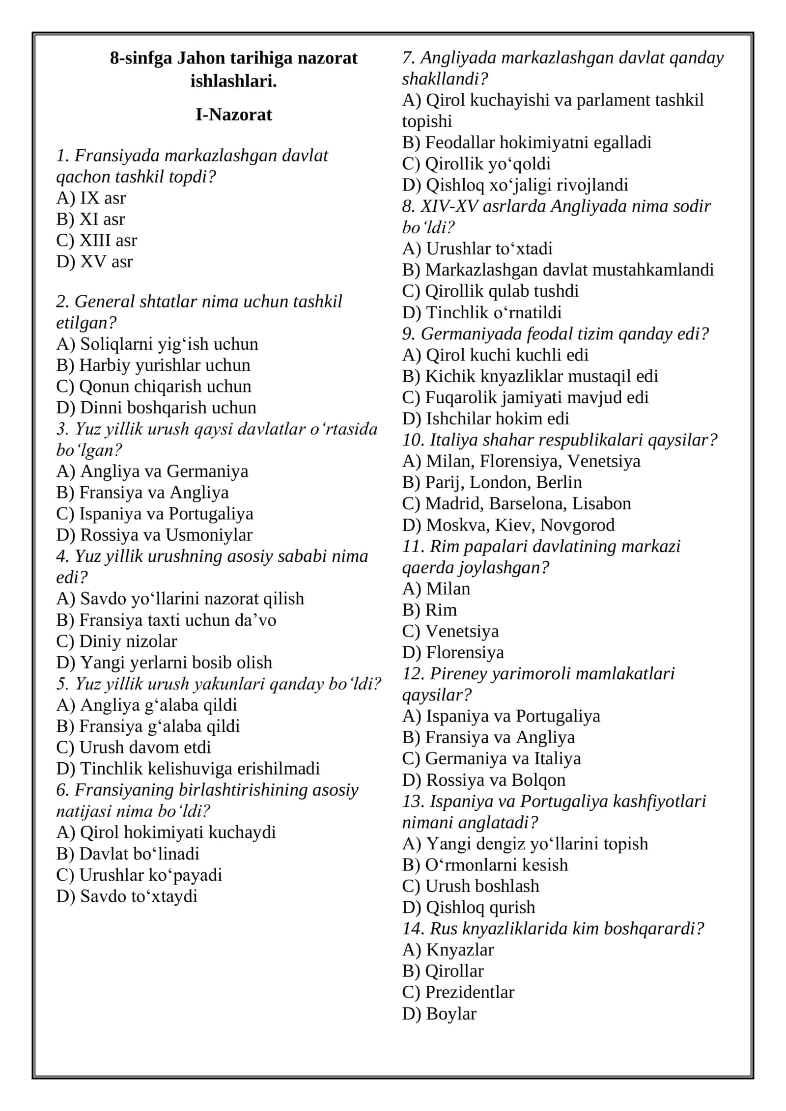 8-sinfga Jahon tarihiga nazorat ishi kitobchasi YANGI DARSLIK 1