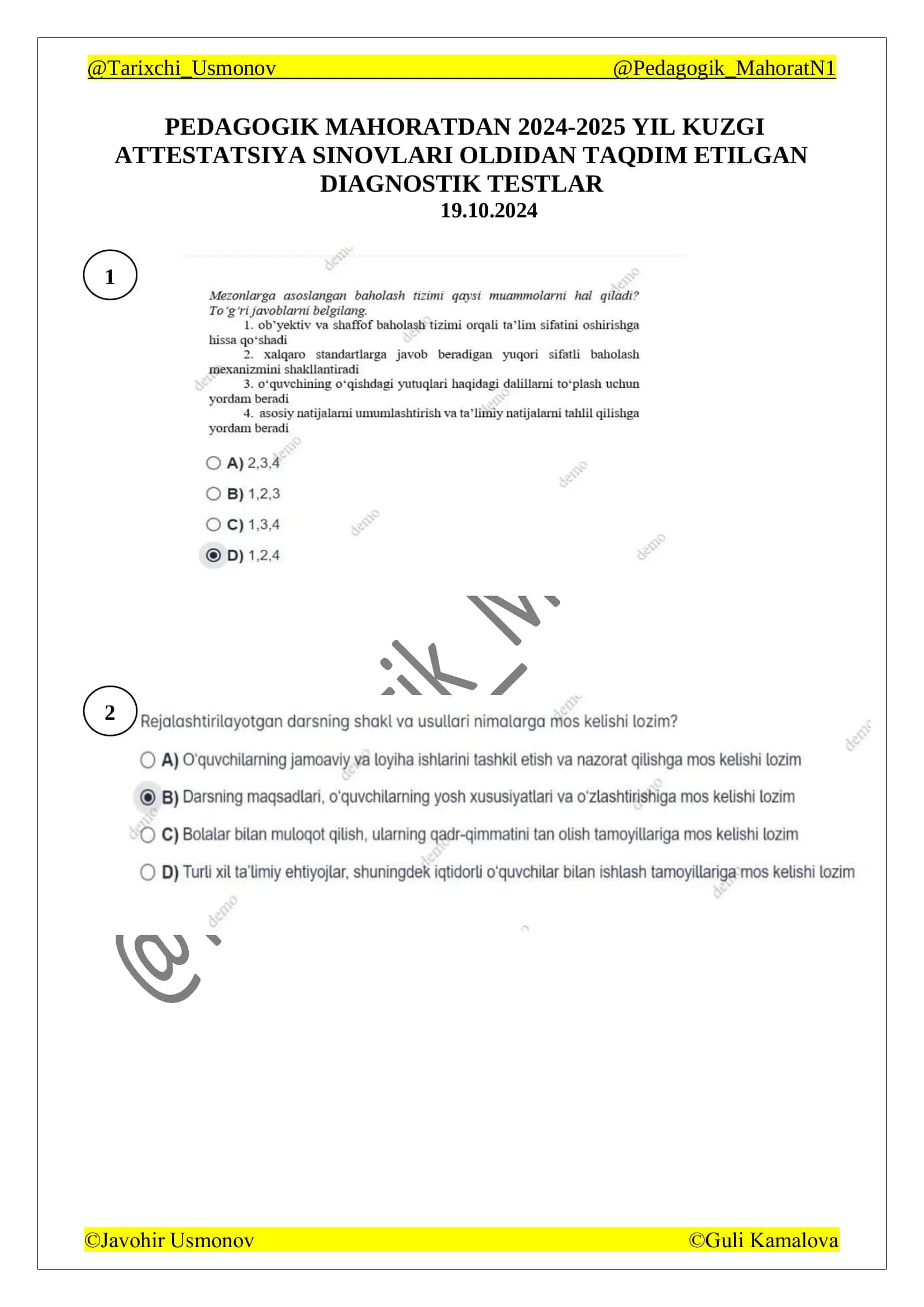 Toyfa imtihobida pedagogikadan tushgan testlar javobi bilan 1