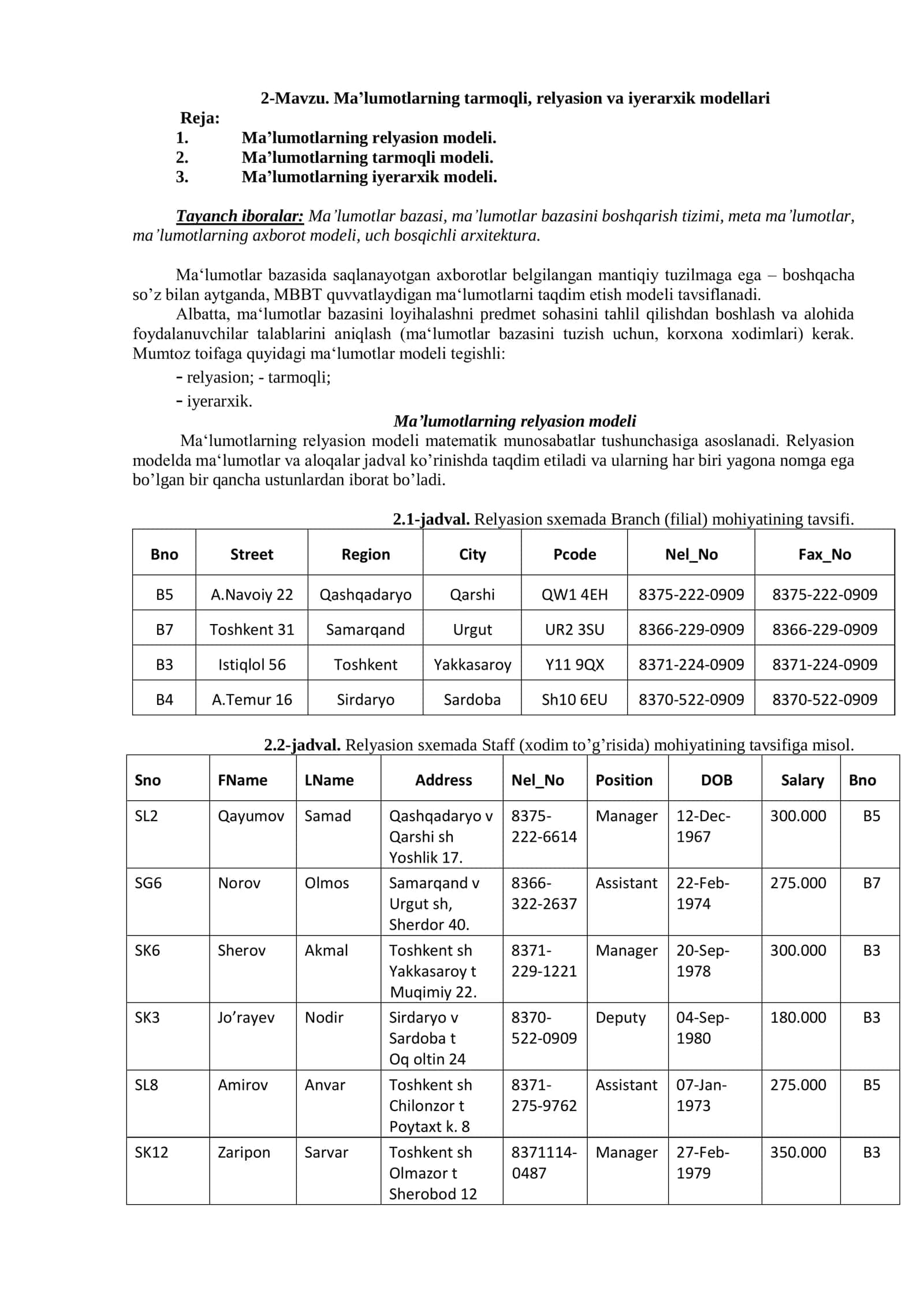 Ma’lumotlarning tarmoqli, relyasion va iyerarxik modellari 1