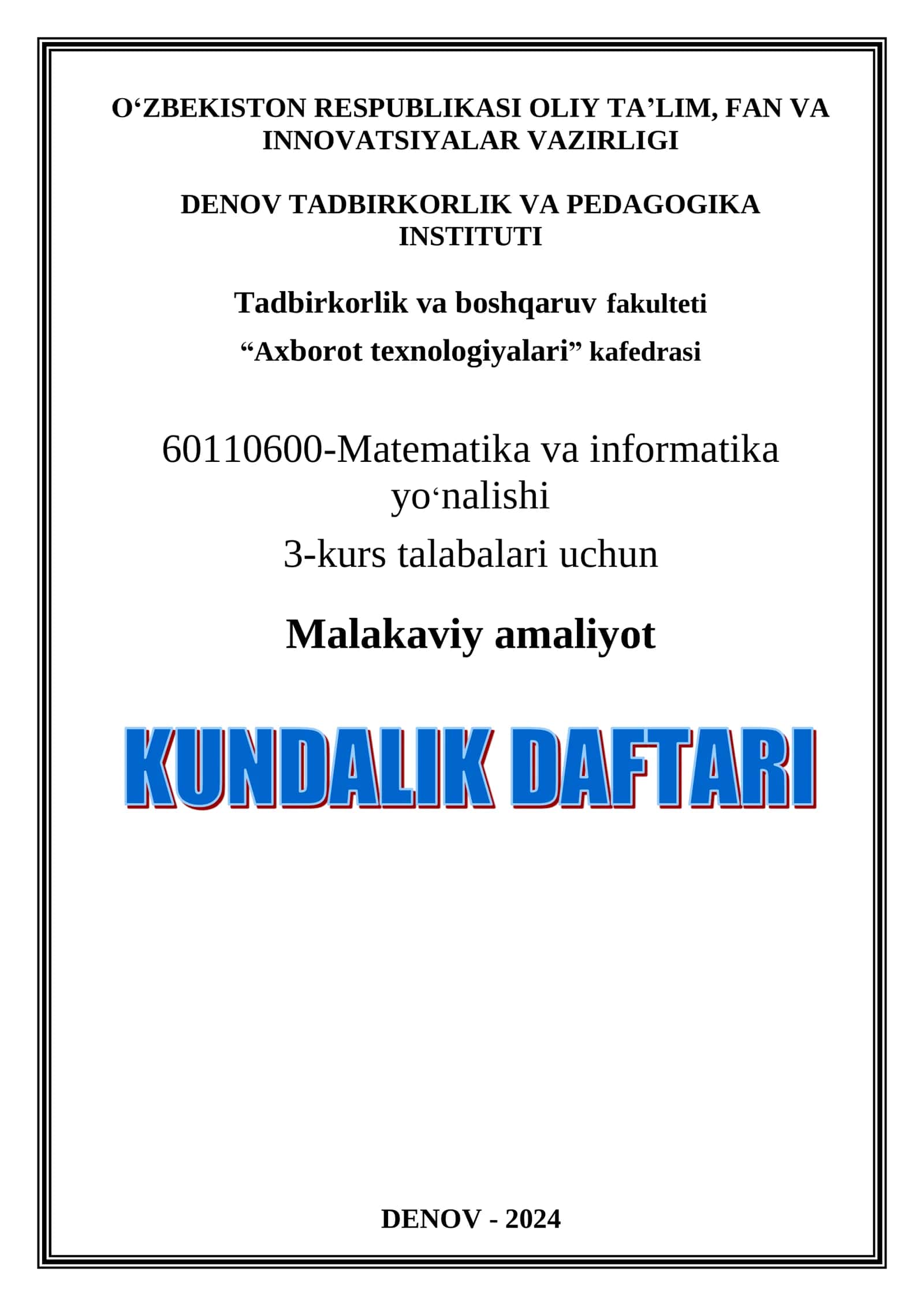 Malakaviy amaliyot KUNDALIK DAFTARI 1