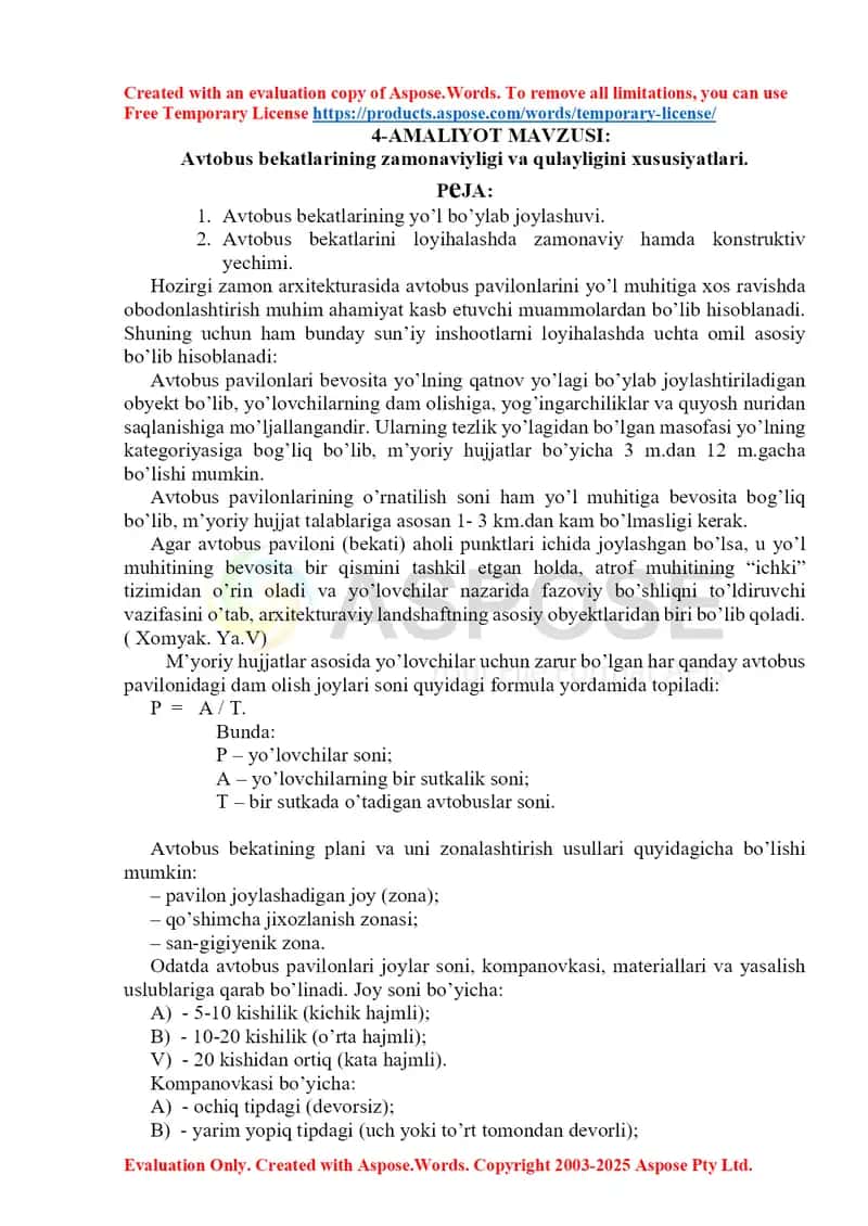 Avtobus bekatlari pavilonlarini loyihalash bo‘yicha amaliy ish 1