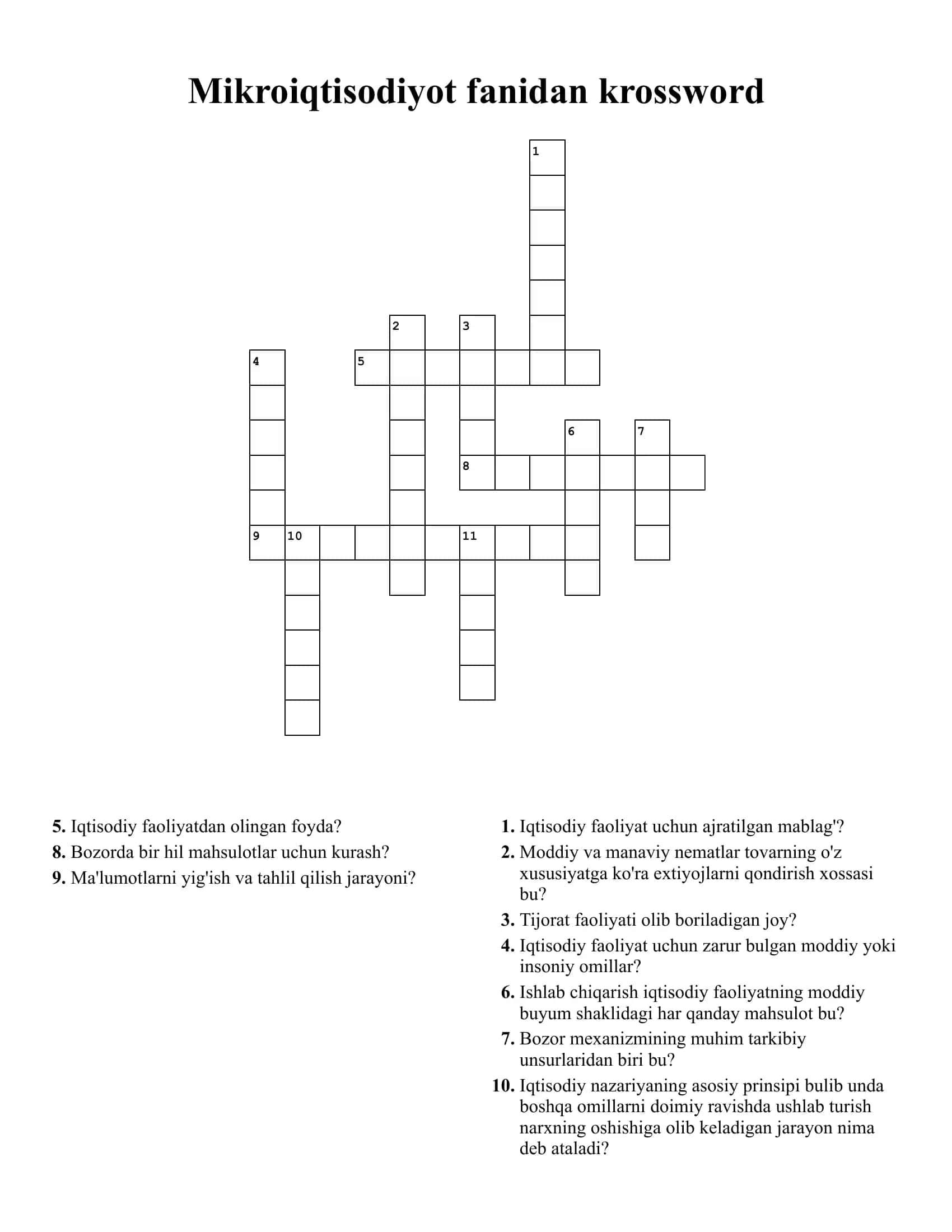 Mikroiqtisodiyot fanidan krossword 1