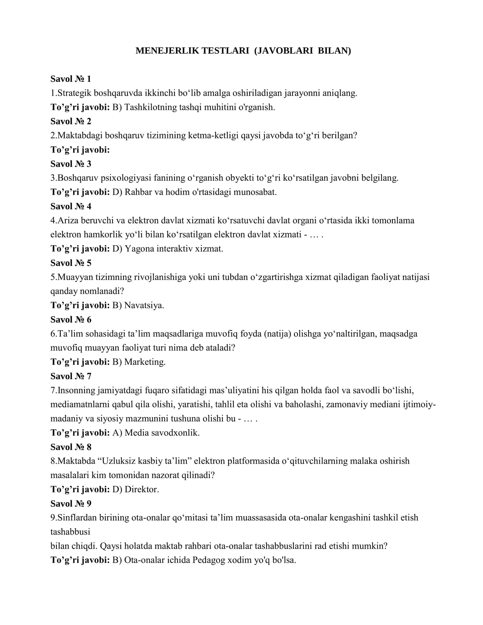 1-Тestlar menejerlik (Javoblari bilan) 1