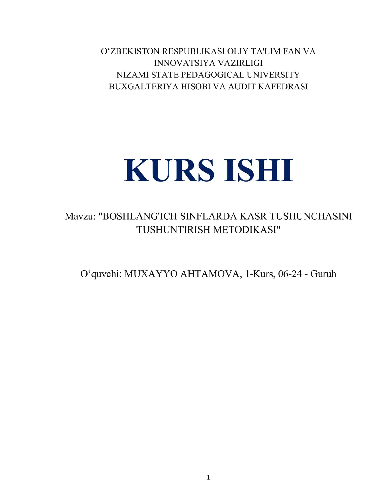 BOSHLANG'ICH SINFLARDA KASR TUSHUNCHASINI TUSHUNTIRISH METODIKASI 1