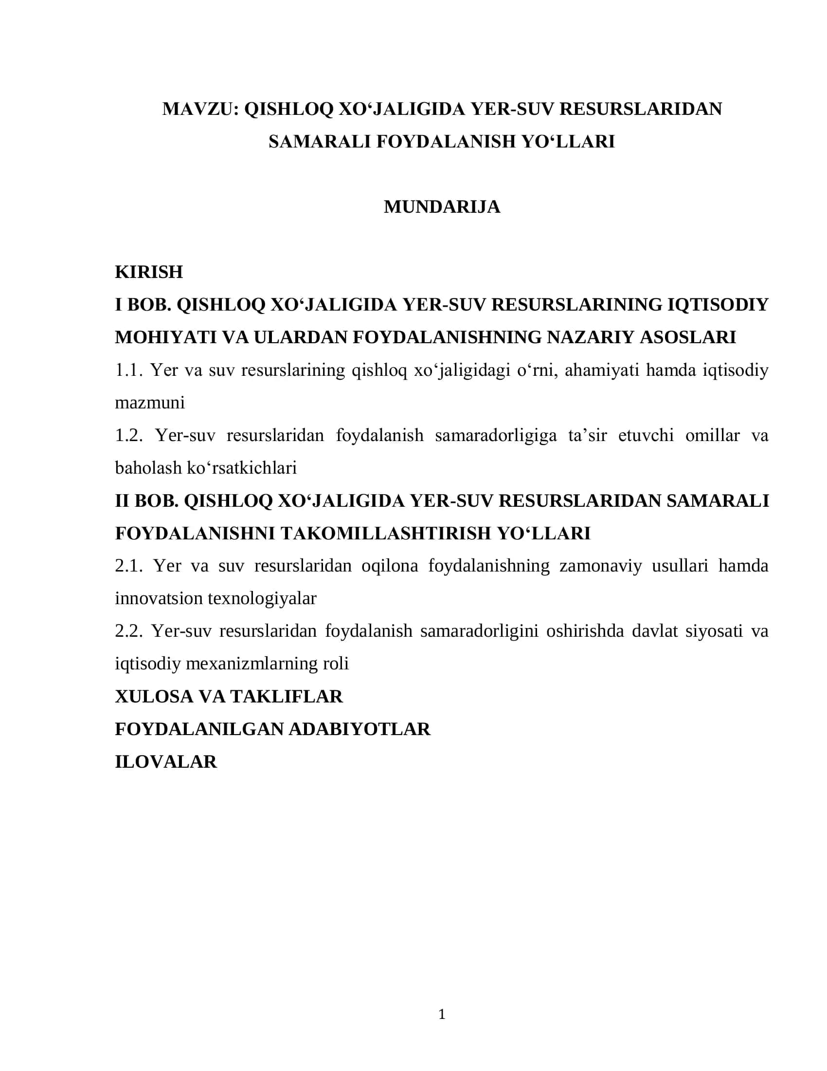 QISHLOQ XOʻJALIGIDA YER-SUV RESURSLARIDAN SAMARALI FOYDALANISH YOʻLLARI mavzusida kurs ishi 1