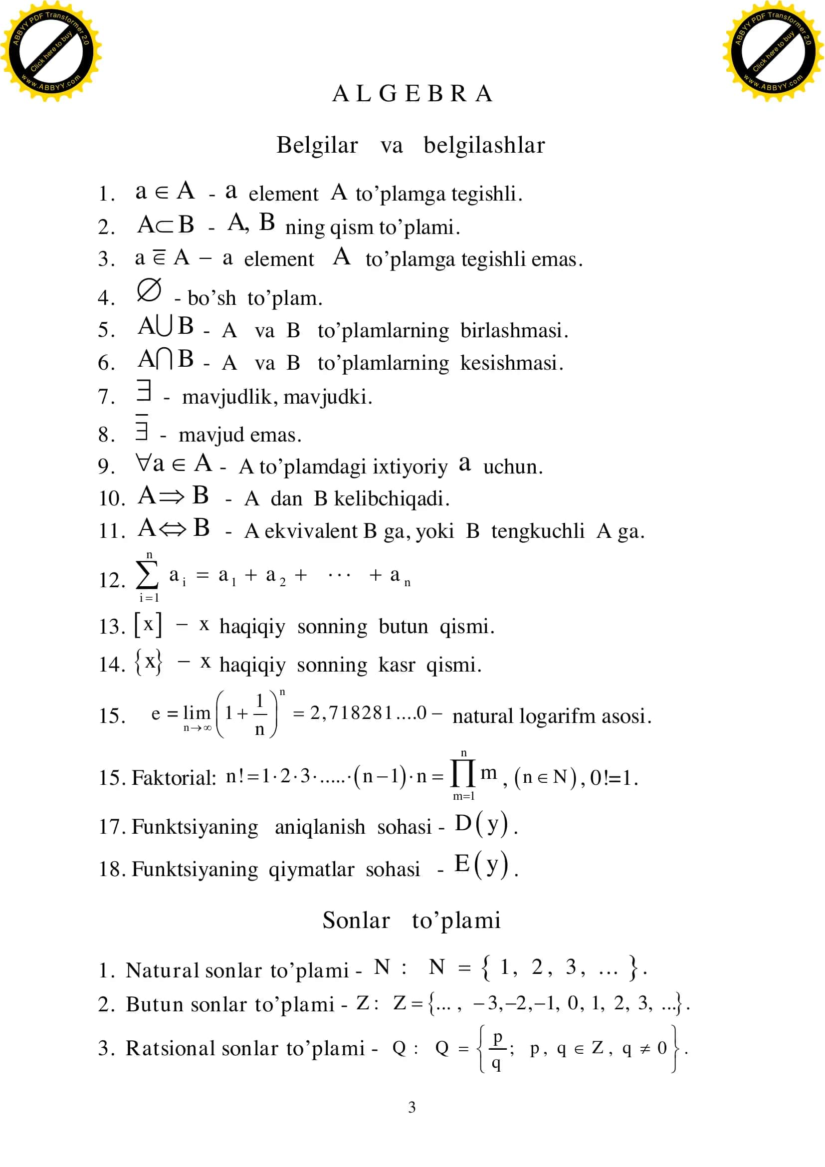 Algebradan maʼlumotnoma 1