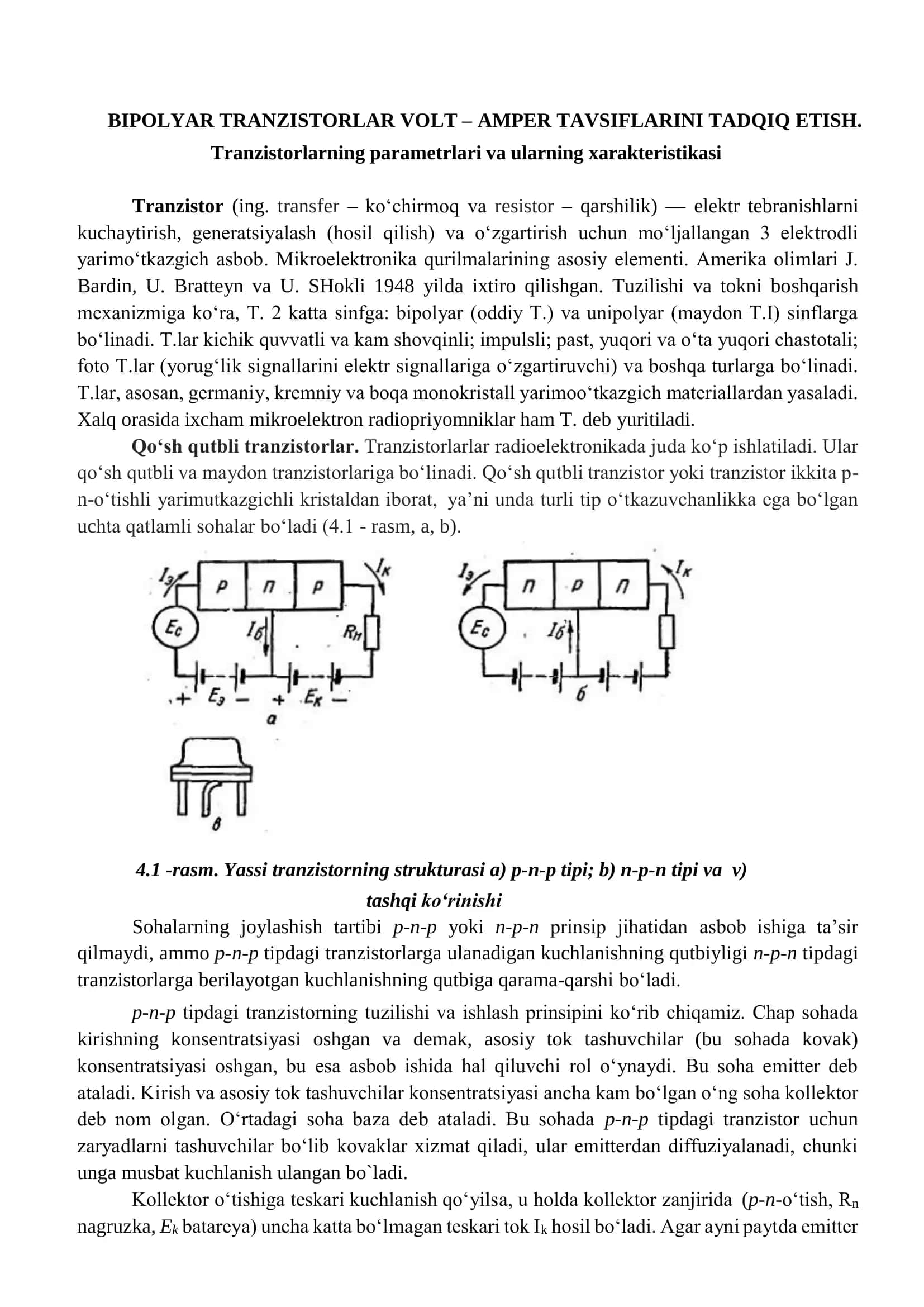 BIPOLYAR TRANZISTORLAR VOLT – AMPER TAVSIFLARINI TADQIQ ETISH 1