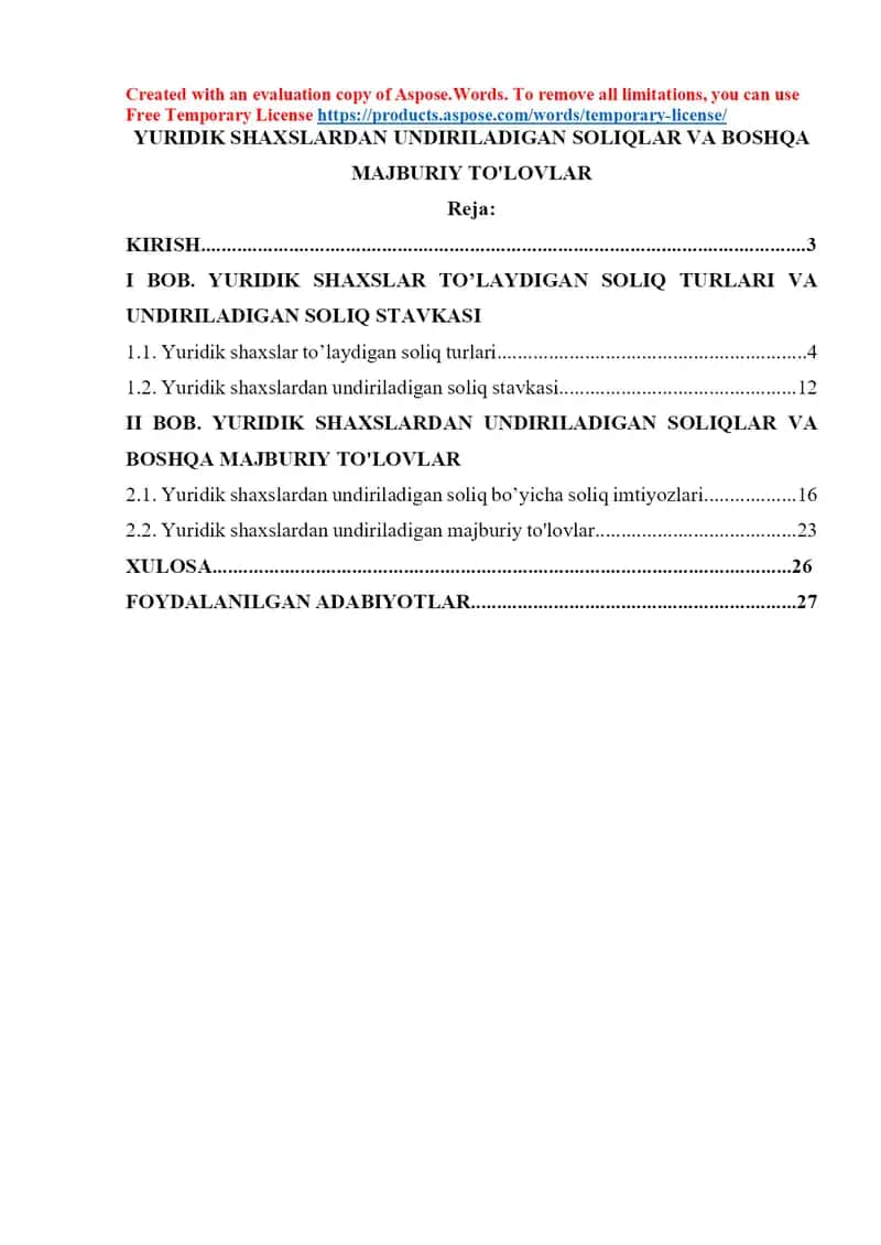 Yuridik shaxslardan undiriladigan soliqlar va boshqa majburiy to'lovlar 1