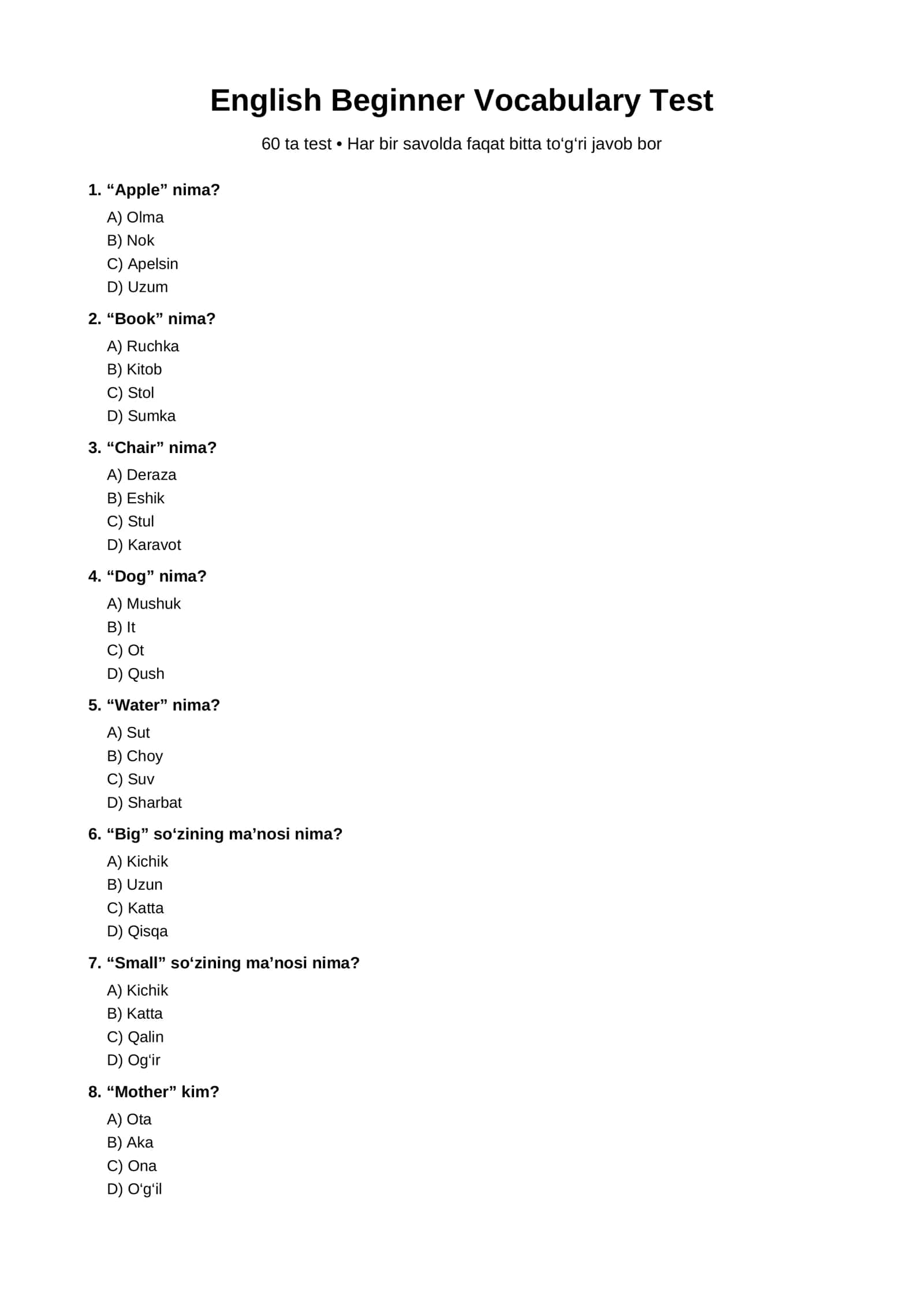 English Beginner Vocabulary Test — 60 Questions with Answers 1