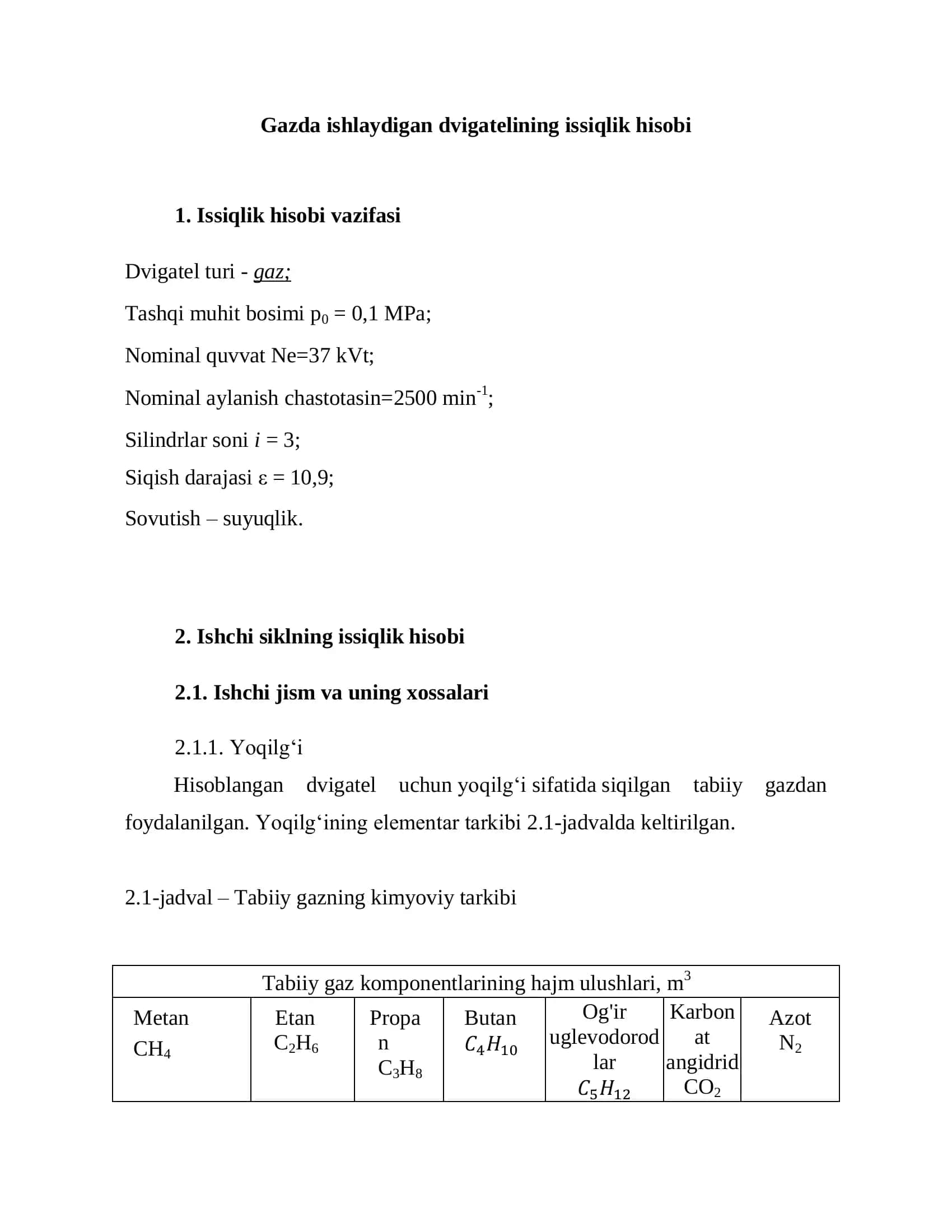 Gazda ishlaydigan dvigatelining issiqlik hisobi 1