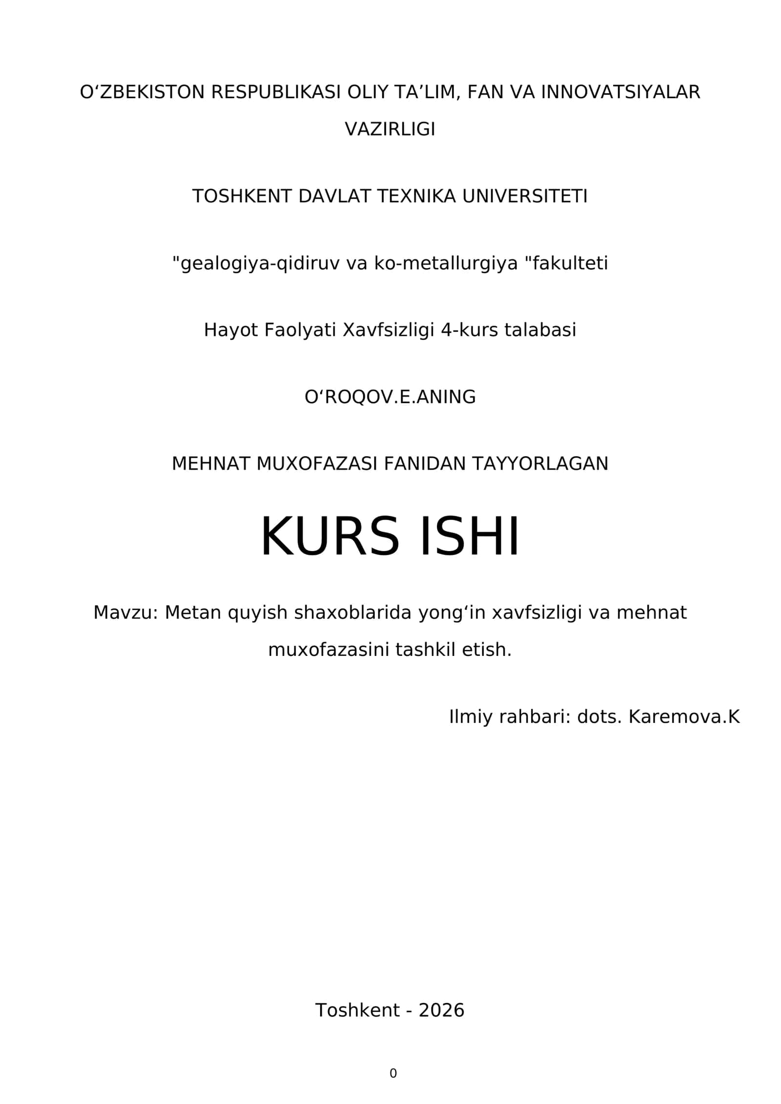 MEHNAT MUXOFAZASI FANIDAN TAYYORLAGAN KURS ISHI 1