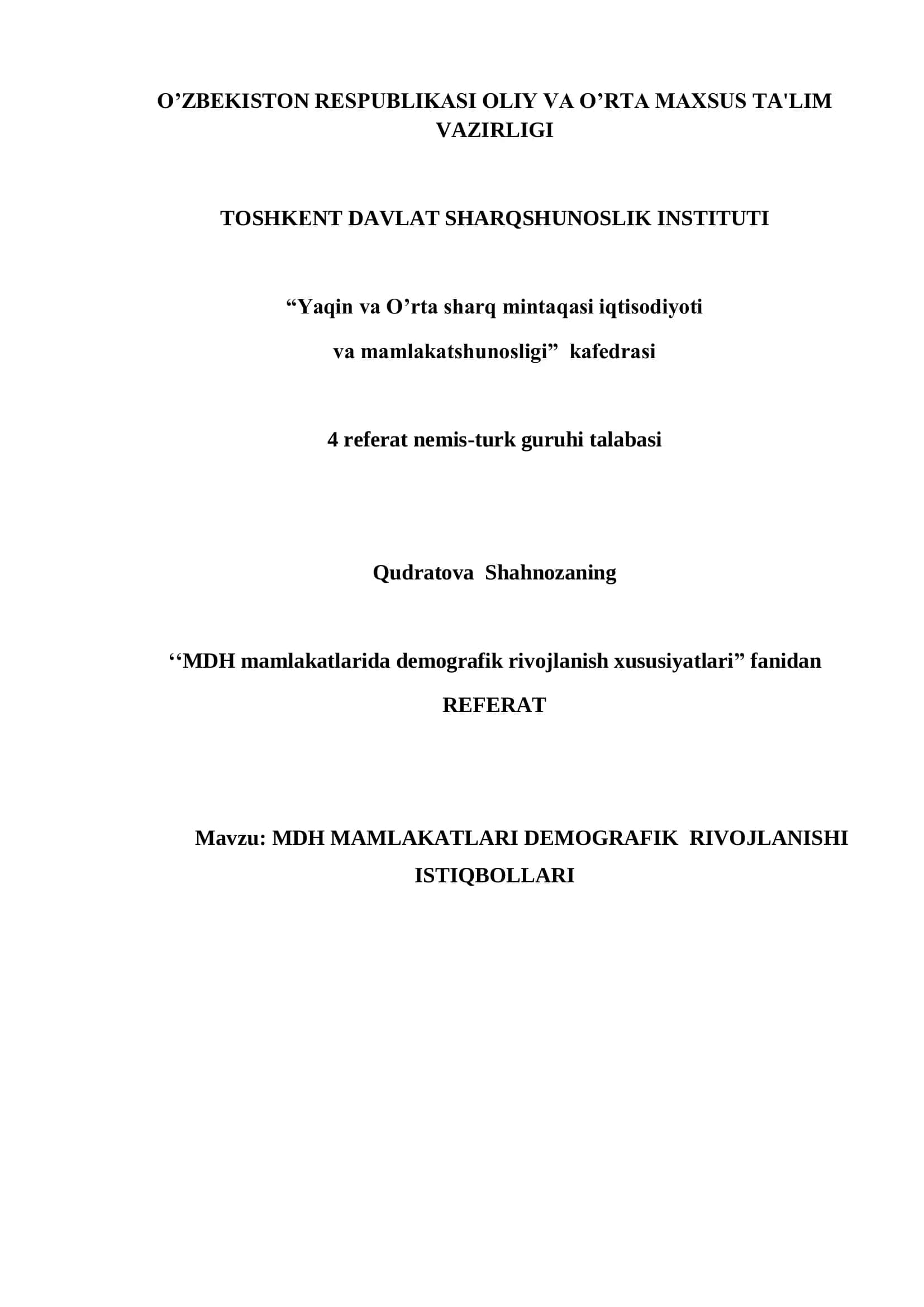 MDH MAMLAKATLARI DEMOGRAFIK RIVOJLANISHI ISTIQBOLLARI 1