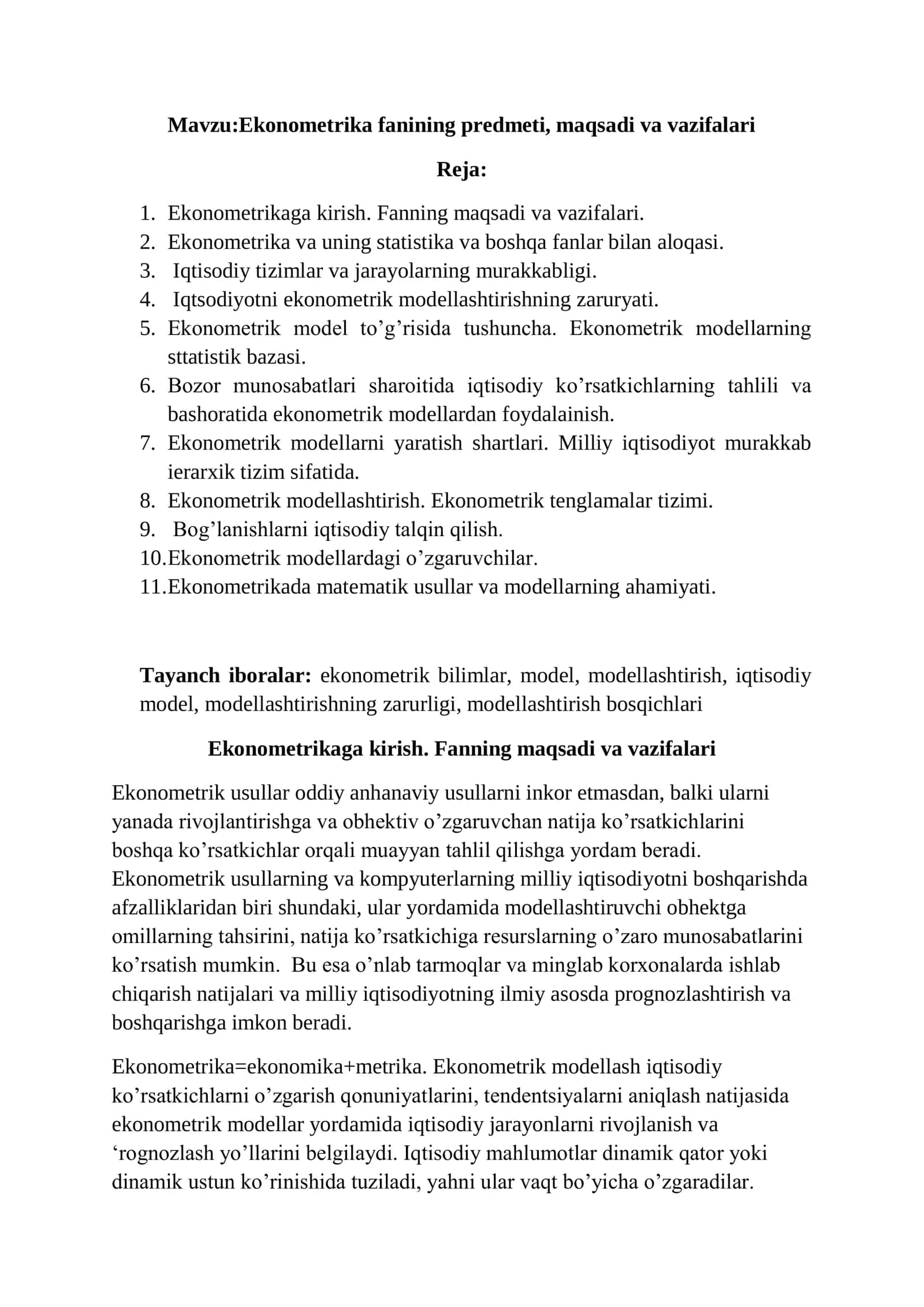Ekonometrika fanining predmeti, maqsadi va vazifalari 1
