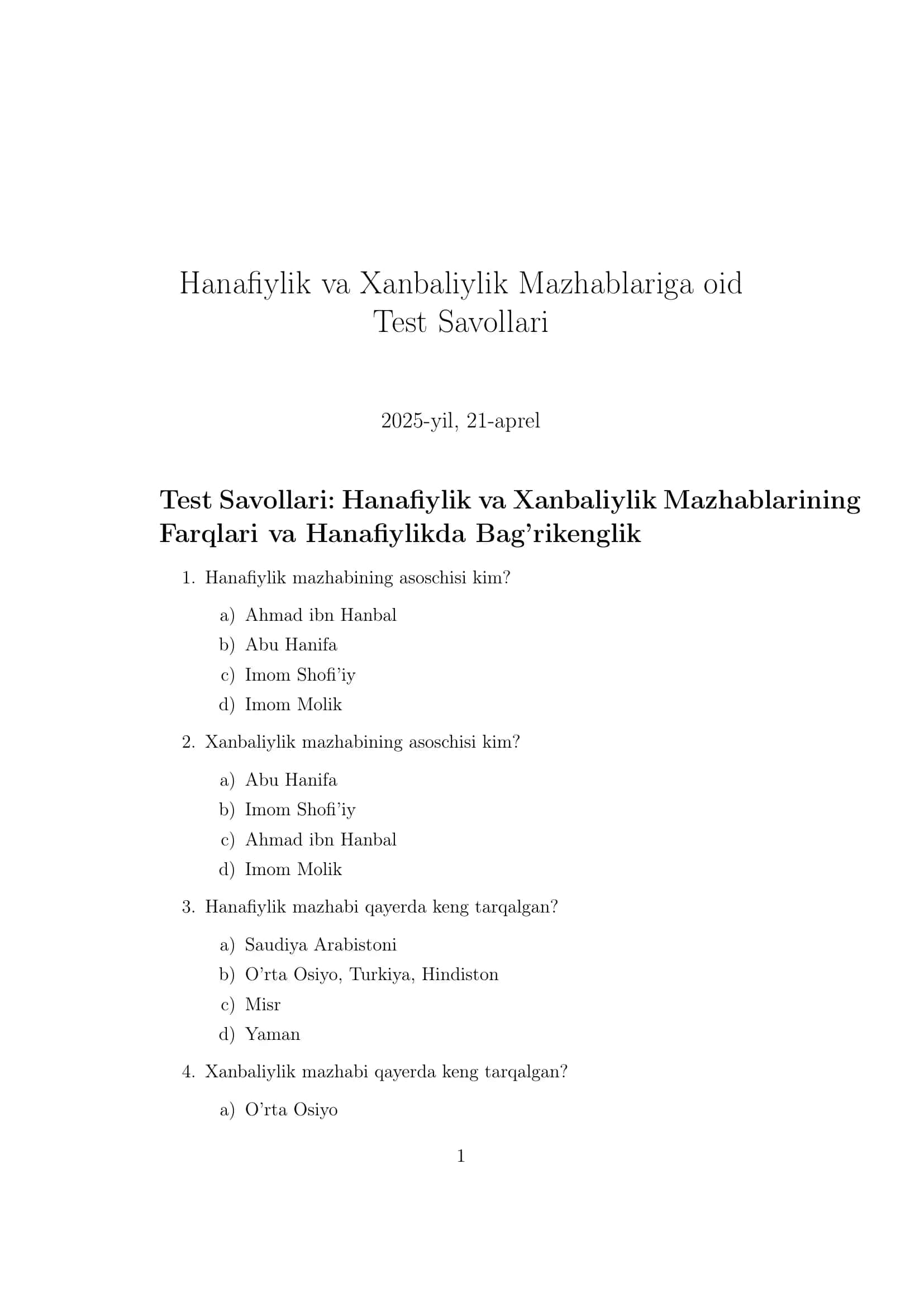 Hanafiylik va Xanbaliylik Mazhablariga oid Test Savollari 1