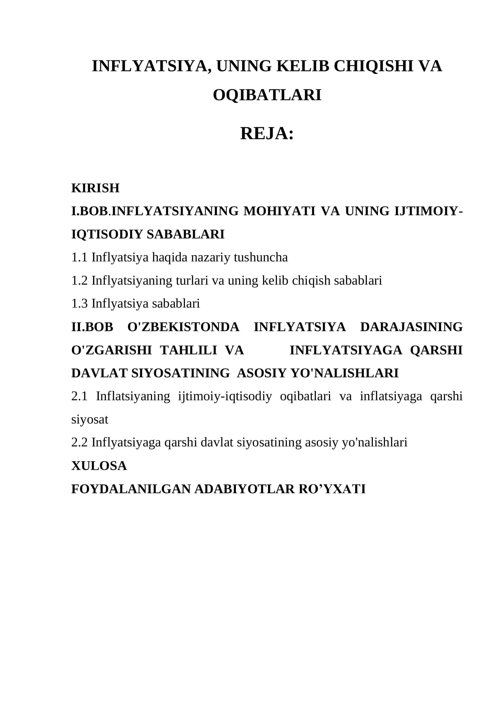 “Inflyatsiya, uning kelib chiqishi va oqibatlari” — tayyor kurs ishi (PDF) 1