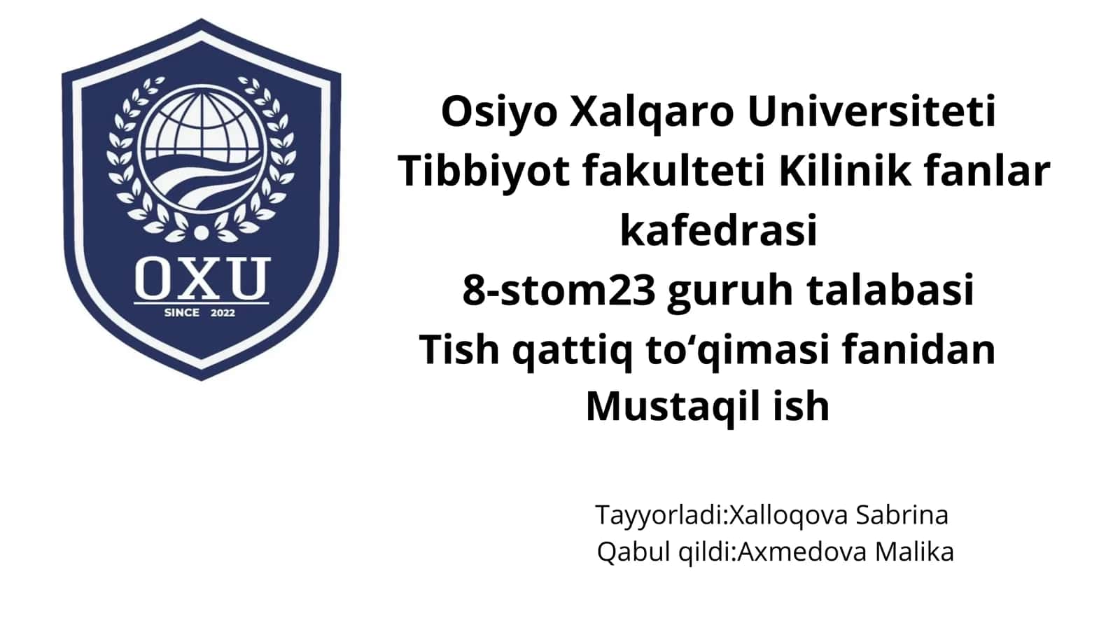 Tish qattiq toʻqimasi fanidan Mustaqil ish 1