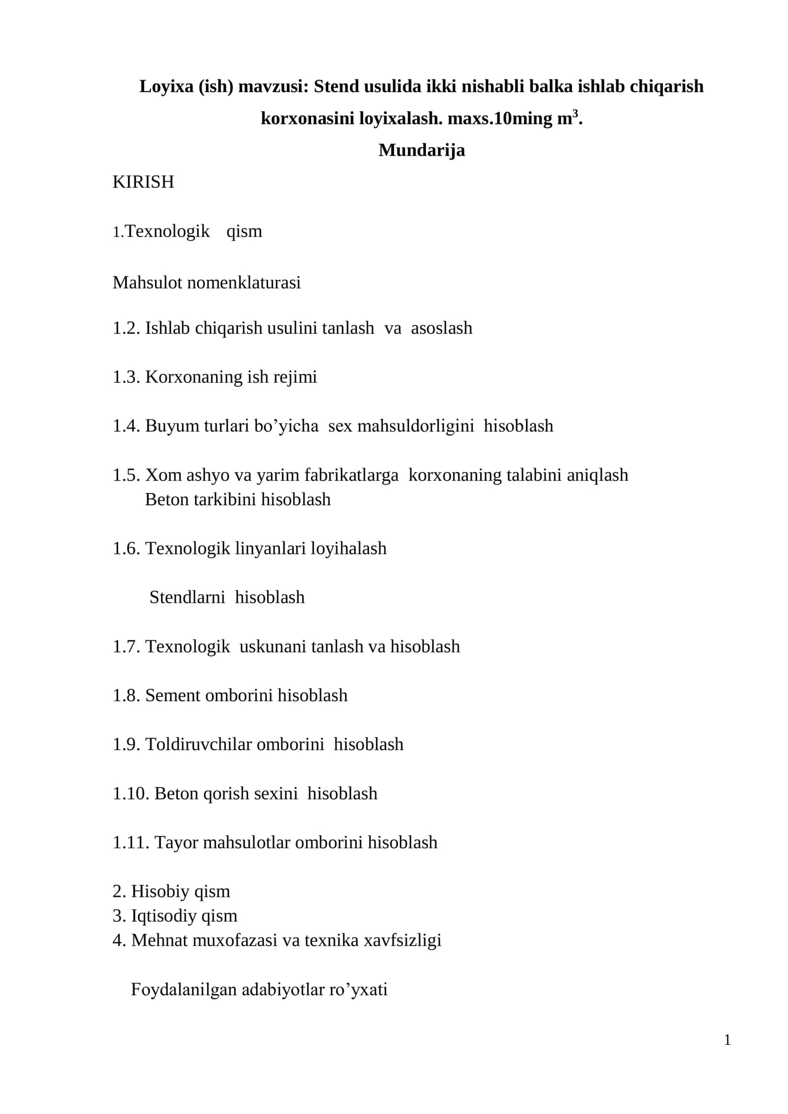 Stend usulida ikki nishabli balka ishlab chiqarish korxonasini loyixalash. 1
