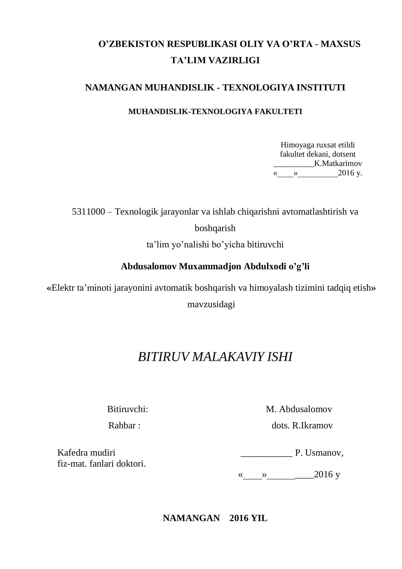 Elektr ta’minoti jarayonini avtomatik boshqarish va himoyalash tizimini tadqiq etish 1