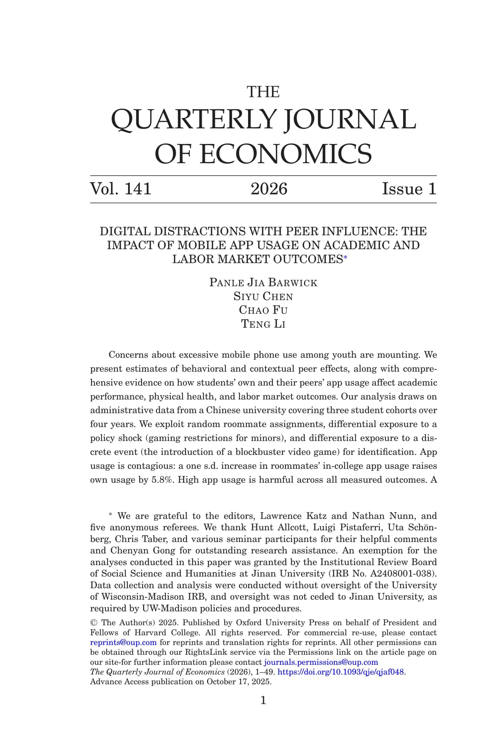 DIGITAL DISTRACTIONS WITH PEER INFLUENCE: THE IMPACT OF MOBILE APP USAGE ON ACADEMIC AND LABOR MARKET OUTCOMES 1