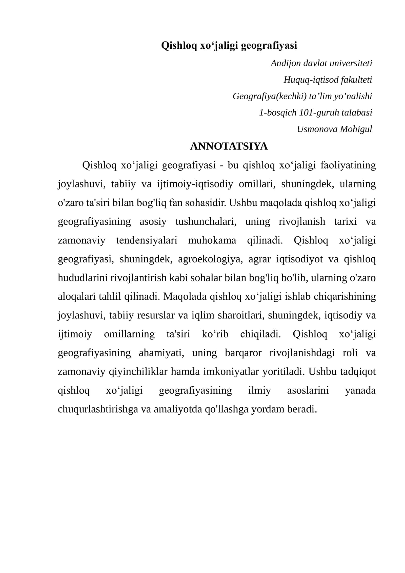 Qishloq xoʻjaligi geografiyasi 1