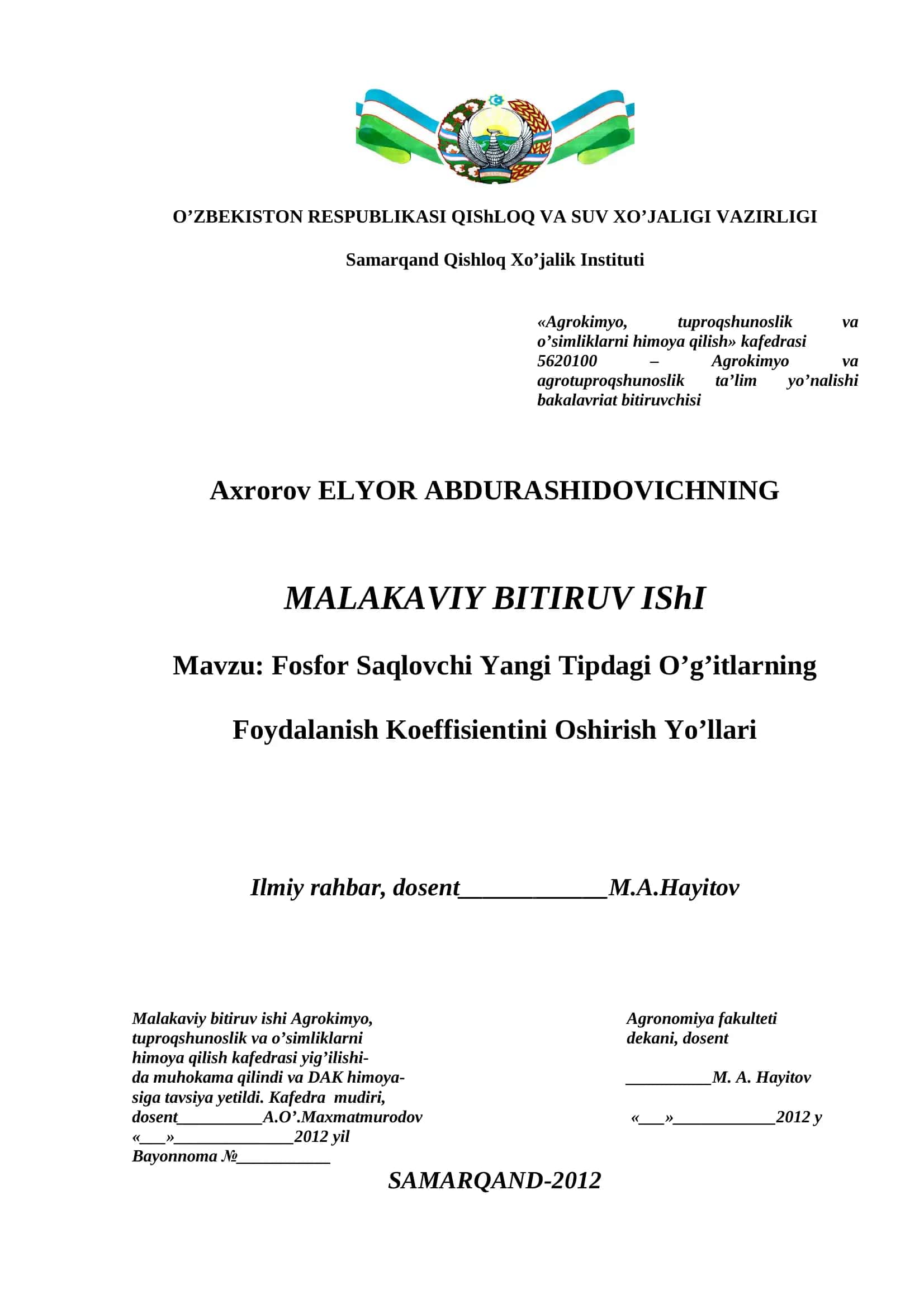 Fosfor Saqlovchi Yangi Tipdagi O’g’itlarning Foydalanish Koeffisientini Oshirish Yo’llari 1