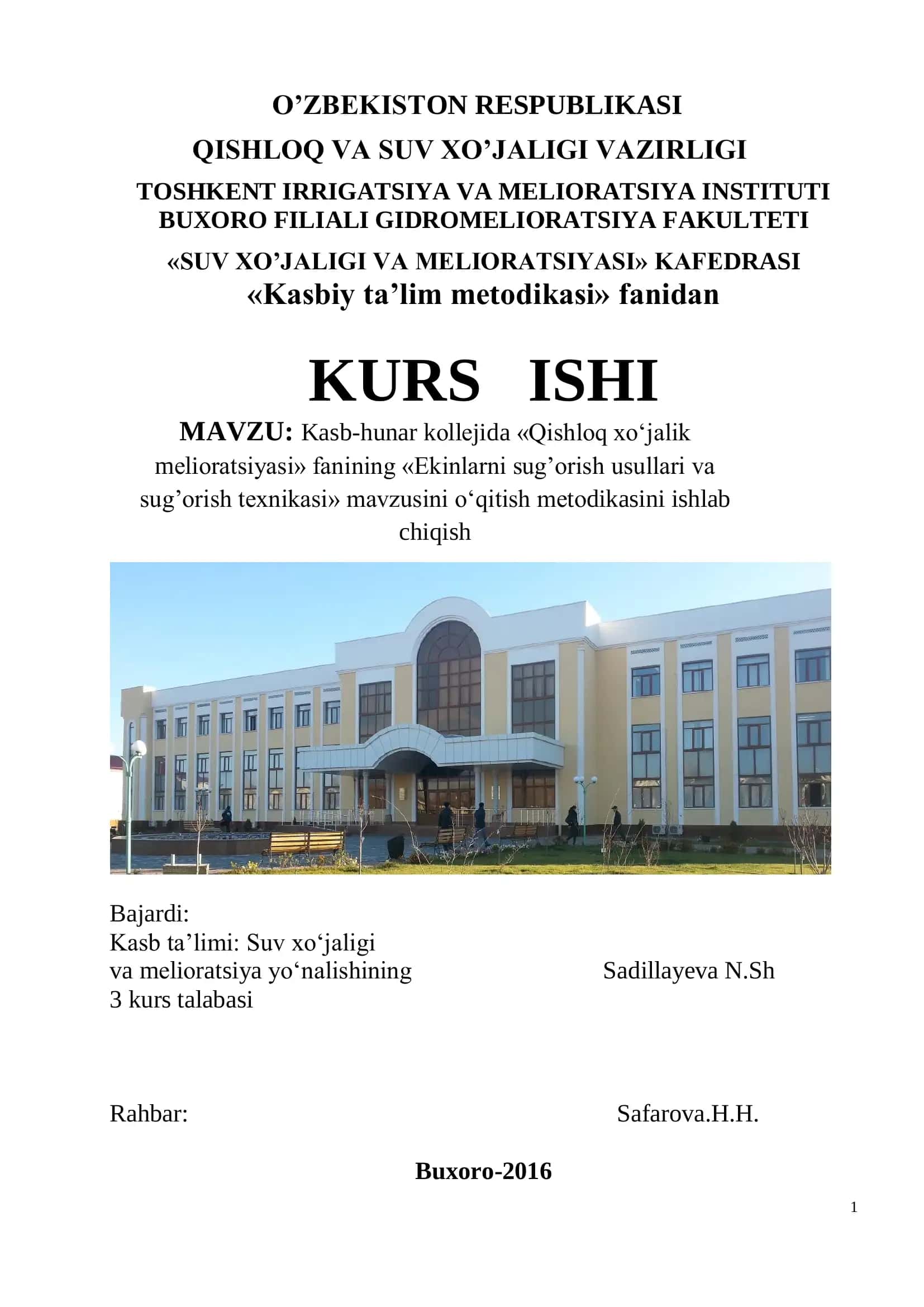 Kasb-hunar kоllеjida «Qishlоq xo‘jalik mеliоratsiyasi» fanining «Ekinlarni sug’orish usullari va sug’orish texnikasi» mavzusini o‘qitish mеtоdikasini ishlab chiqish 1