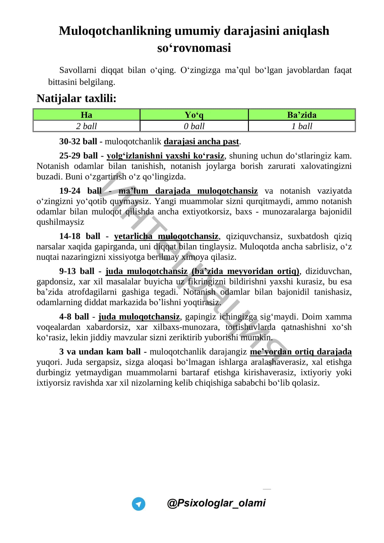 Muloqotchanlikning umumiy darajasini aniqlash so‘rovnomasi 1