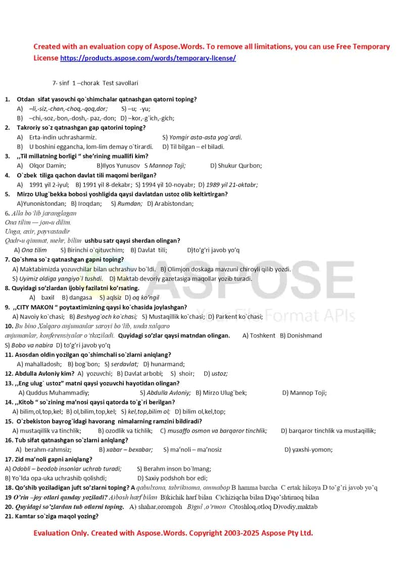 7-sinf 1-2-3-4-chorak test 1