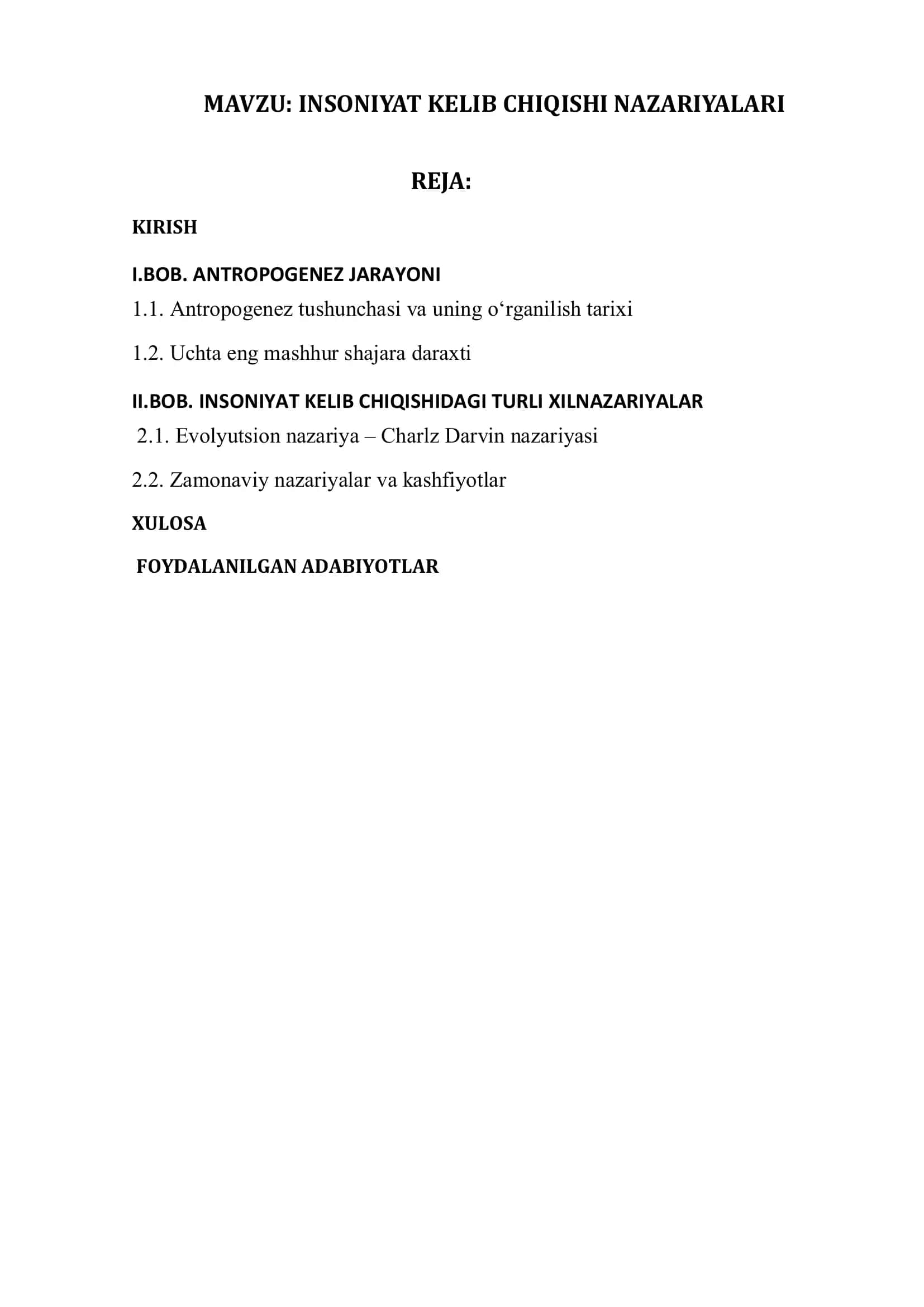 INSONIYAT KELIB CHIQISHI NAZARIYALARI 1