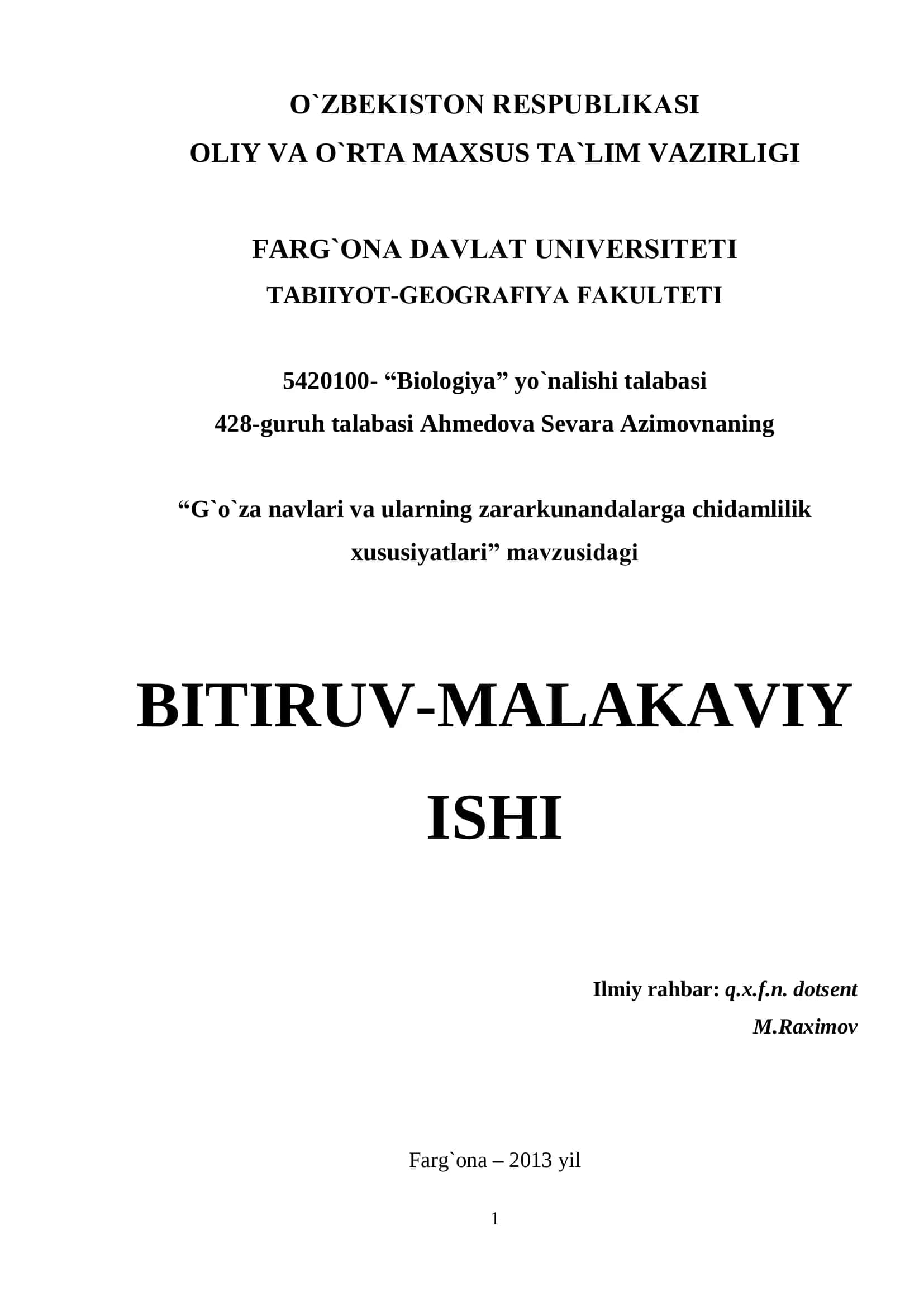 "G`o`za navlari va ularning zararkunandalarga chidamlilik xususiyatlari" mavzusidagi BITIRUV-MALAKAVIY ISHI 1