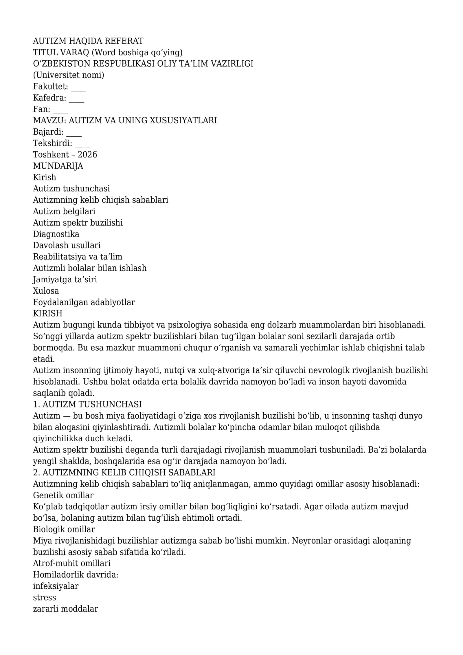 AUTIZM VA UNING XUSUSIYATLARI 1