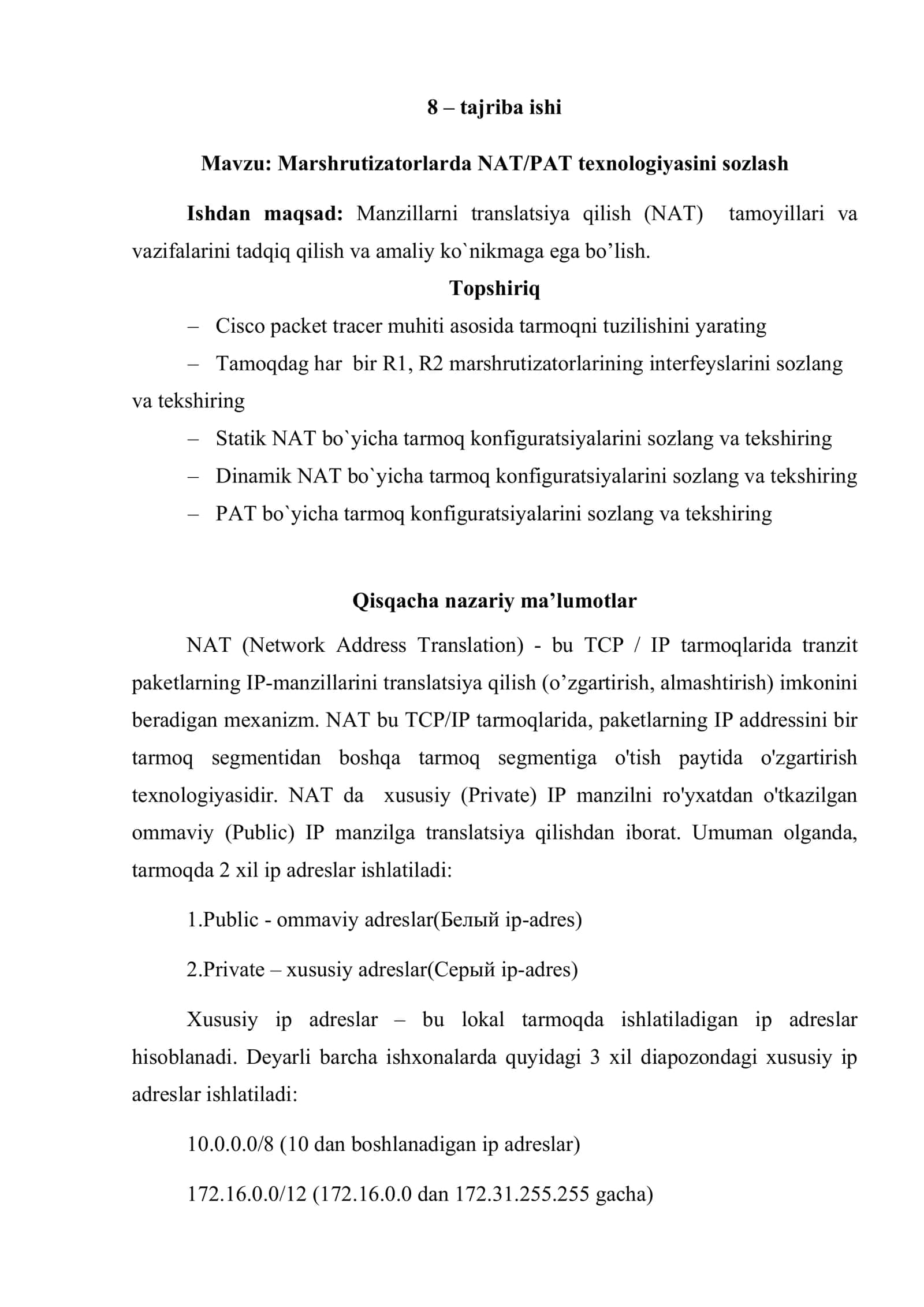 Marshrutizatorlarda NAT/PAT texnologiyasini sozlash 1