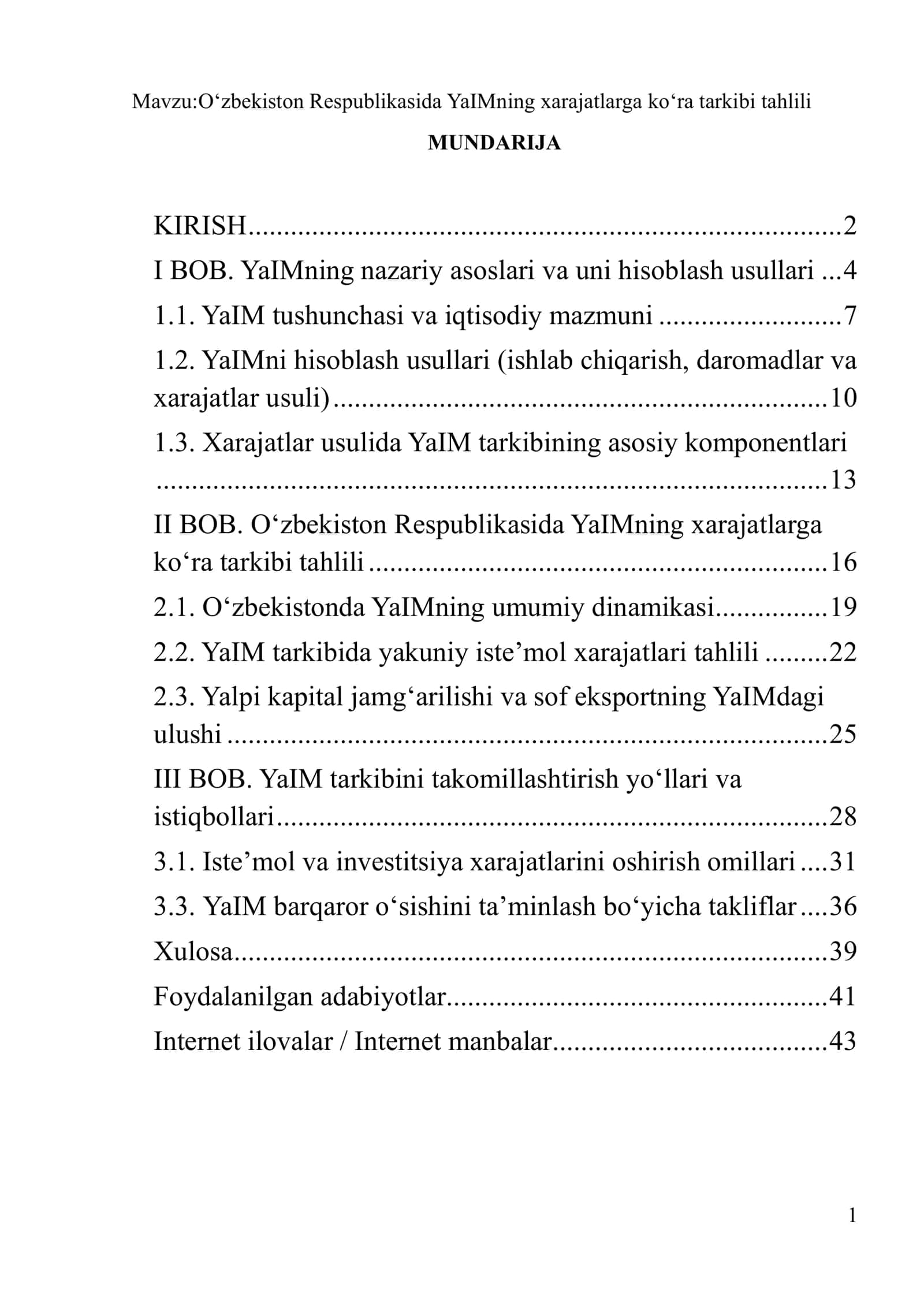O‘zbekiston Respublikasida YaIMning xarajatlarga ko‘ra tarkibi tahlili 1